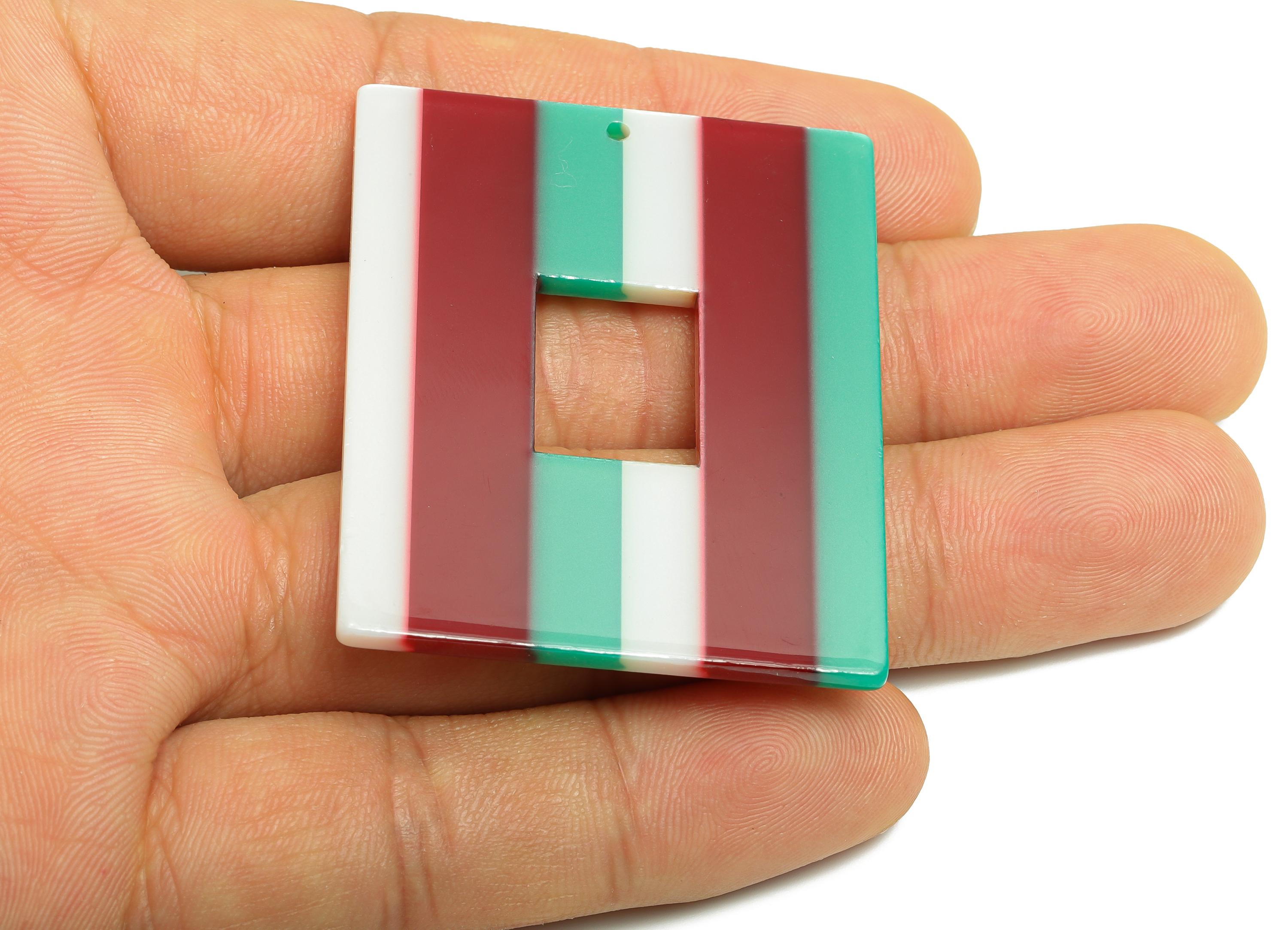 Acetic Acid Striped Charm - Bold Red Green Cream Geometric Charm - Modern Jewelry - Handmade Accessory - 48.92x39.65x2.54mm - AC2614-A1050 - DOMEDBAZAAR