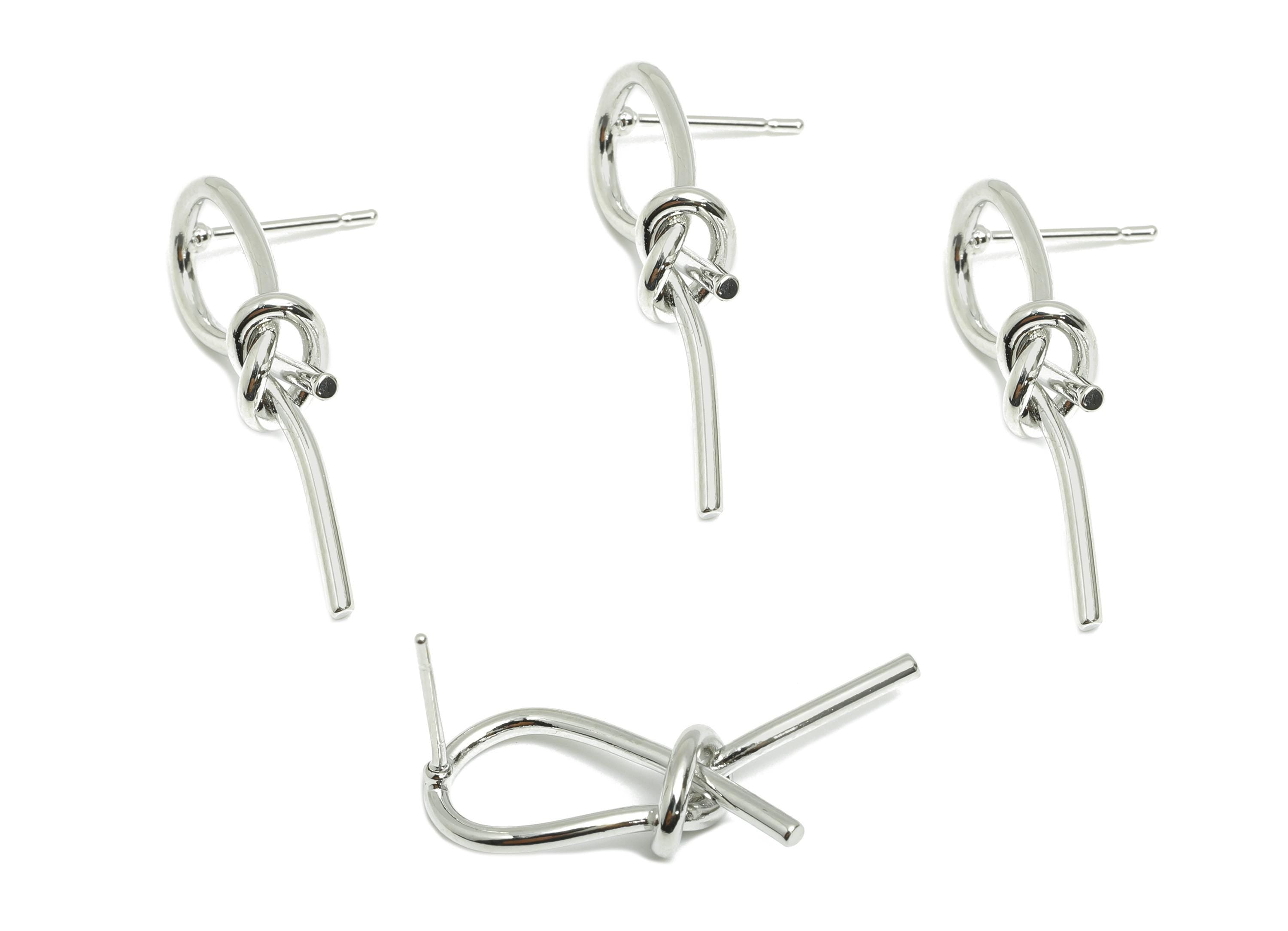 Silver Knot Earring - Brass Trendy Silver Earring Stud - Brass Elegant Knot Earring Post - 18k Real White Gold Plated - 28x10x1mm - RGP10313 - DOMEDBAZAAR