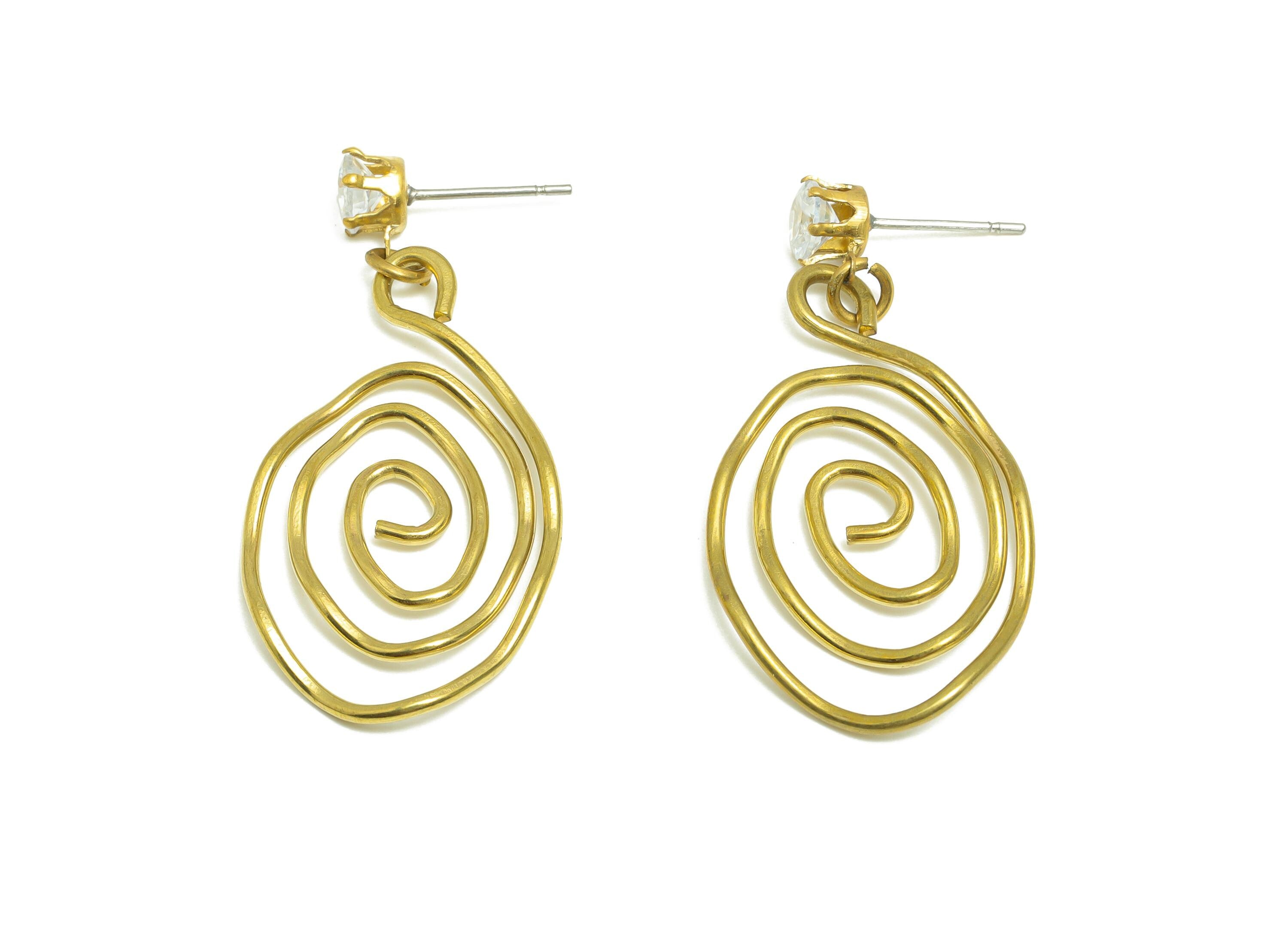 Brass Spiral Dangle Earring - Raw Brass Abstract Drop Earring Stud - Elegant Zircon Classic Jewelry - Gift For Woman - 33x9x2mm - PP10976 - DOMEDBAZAAR