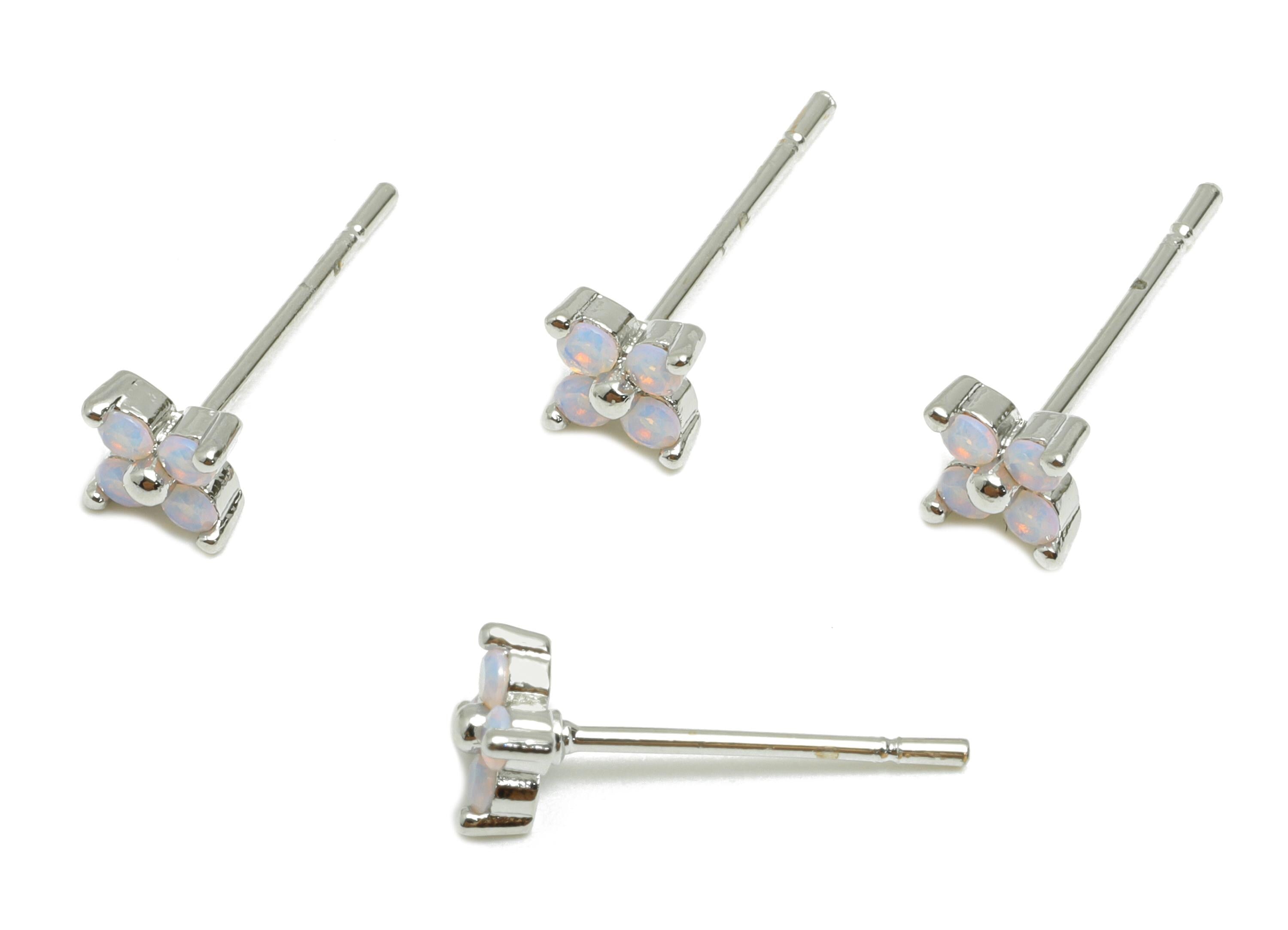 Brass Dainty Earring Stud - Brass Elegant Flower Earring Stud - Opalite Natural Stone Classic Jewelry - White Gold Plated - 4x4x2mm-RGP10316 - DOMEDBAZAAR