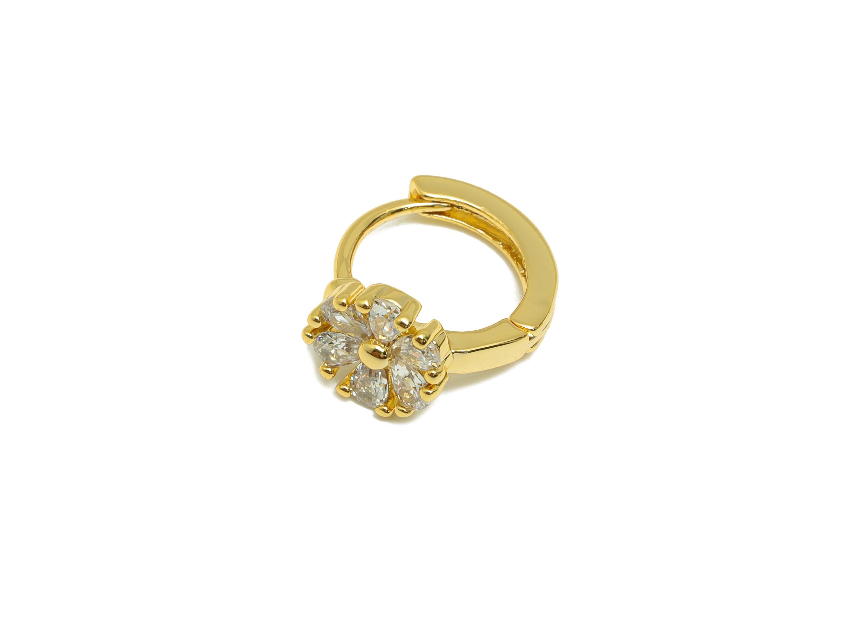 Brass Flower Hoop Earring - Gold Zircon Huggie Earring for Women - Daily Wear Ear Clasp - 18K Real Gold Plating - 13.1x11.53x1.84mm- RGP9131 - DOMEDBAZAAR
