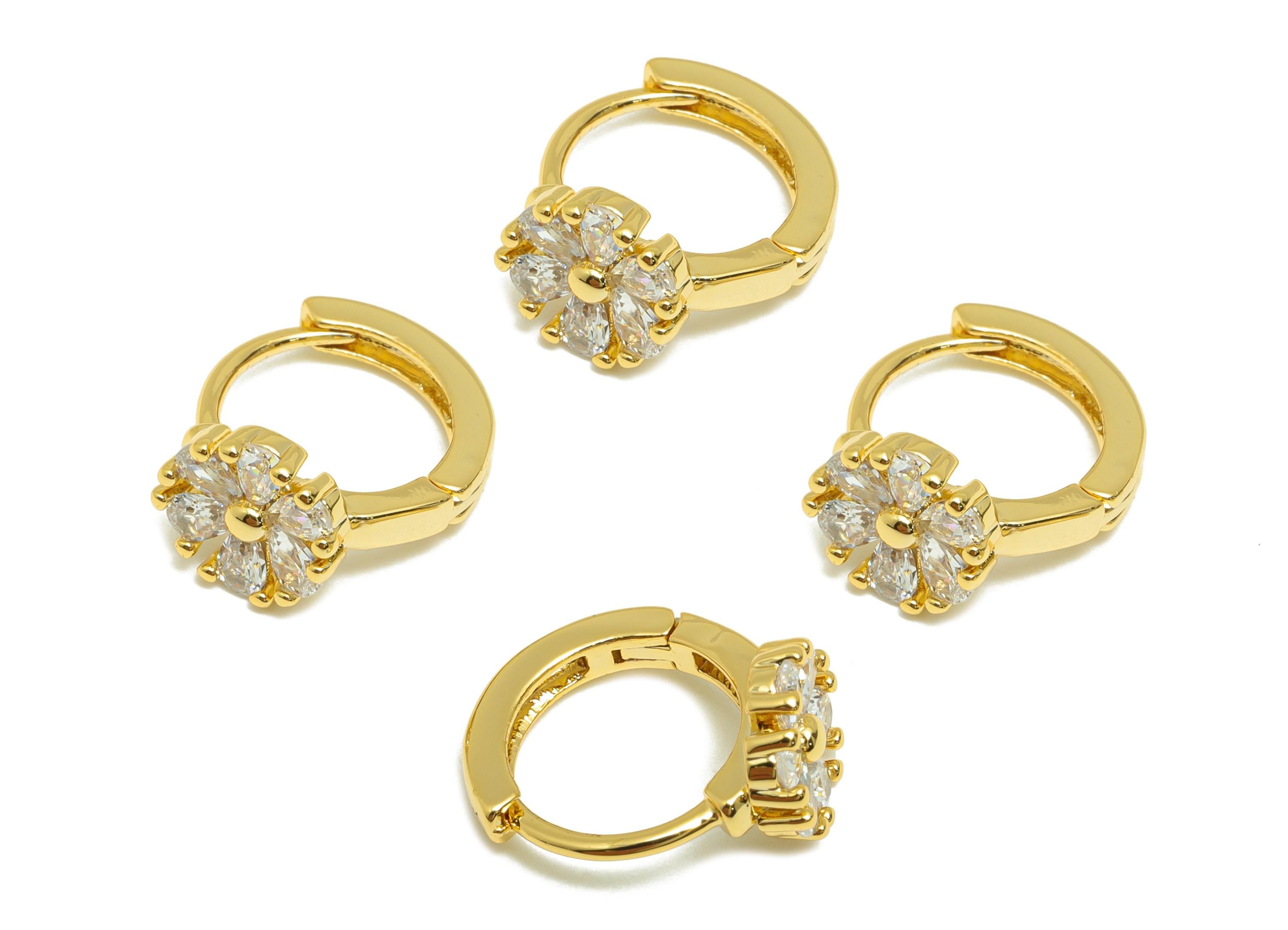 Brass Flower Hoop Earring - Gold Zircon Huggie Earring for Women - Daily Wear Ear Clasp - 18K Real Gold Plating - 13.1x11.53x1.84mm- RGP9131 - DOMEDBAZAAR