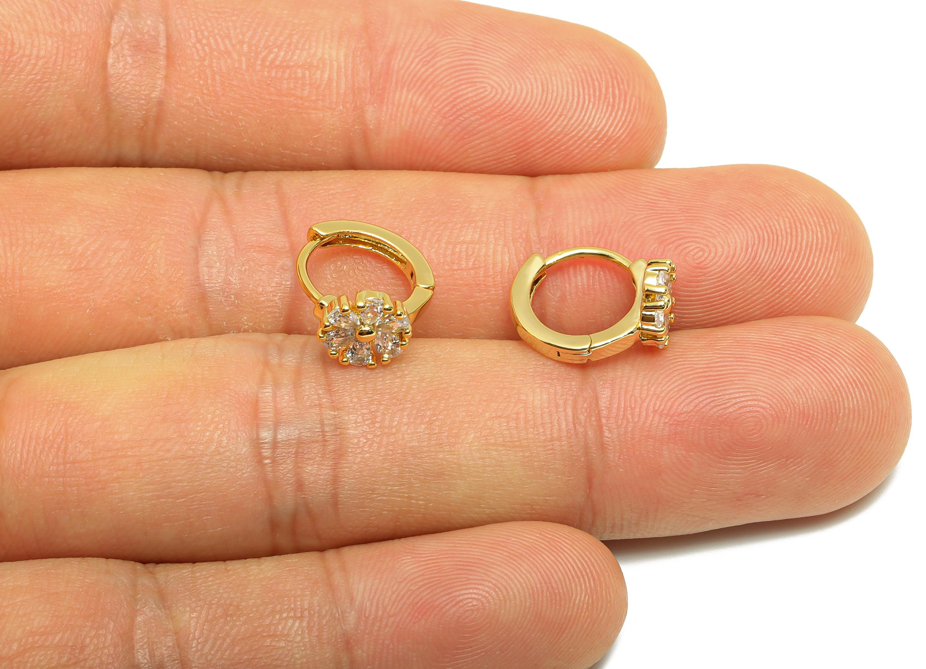 Brass Flower Hoop Earring - Gold Zircon Huggie Earring for Women - Daily Wear Ear Clasp - 18K Real Gold Plating - 13.1x11.53x1.84mm- RGP9131 - DOMEDBAZAAR