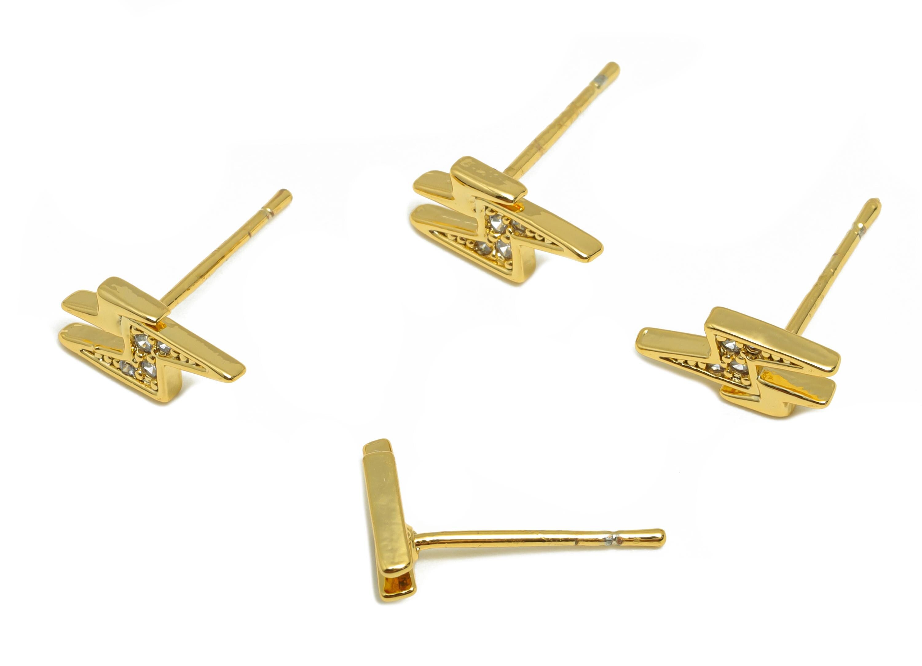 Brass Lightning Earring - Mini Zircon Earring Stud for Girls - Gold Daily Wear Earring - 18K Real Gold Plating - 10.09x4.76x1.32mm - RGP9132 - DOMEDBAZAAR
