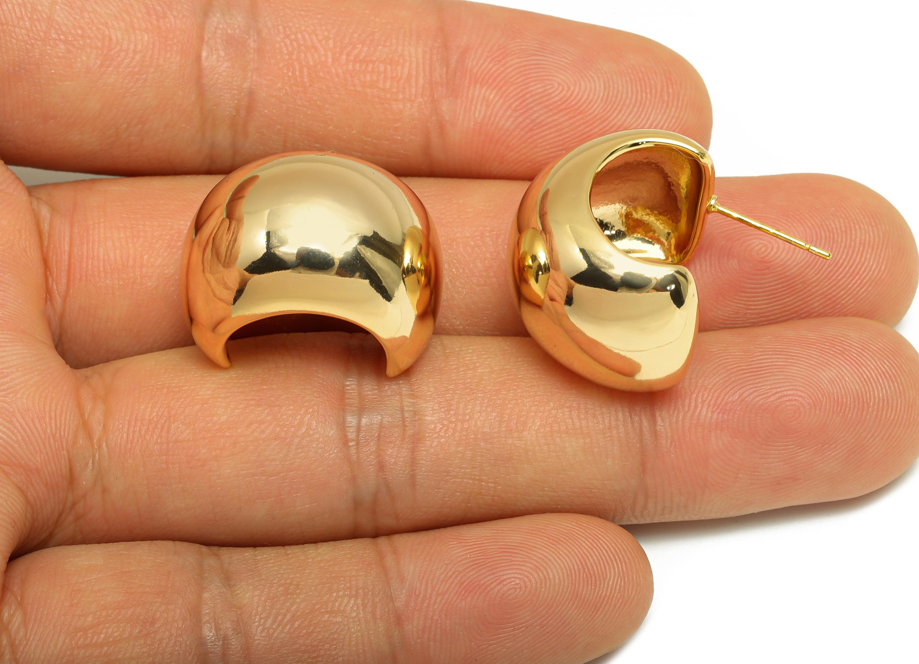 Brass Thick C Hoop Ear - Gold Textured Earring Stud for Girl - Daily Wear Earring Post - 18K Real Gold Plated - 23.09x17.06x2.44mm - RGP9140 - DOMEDBAZAAR