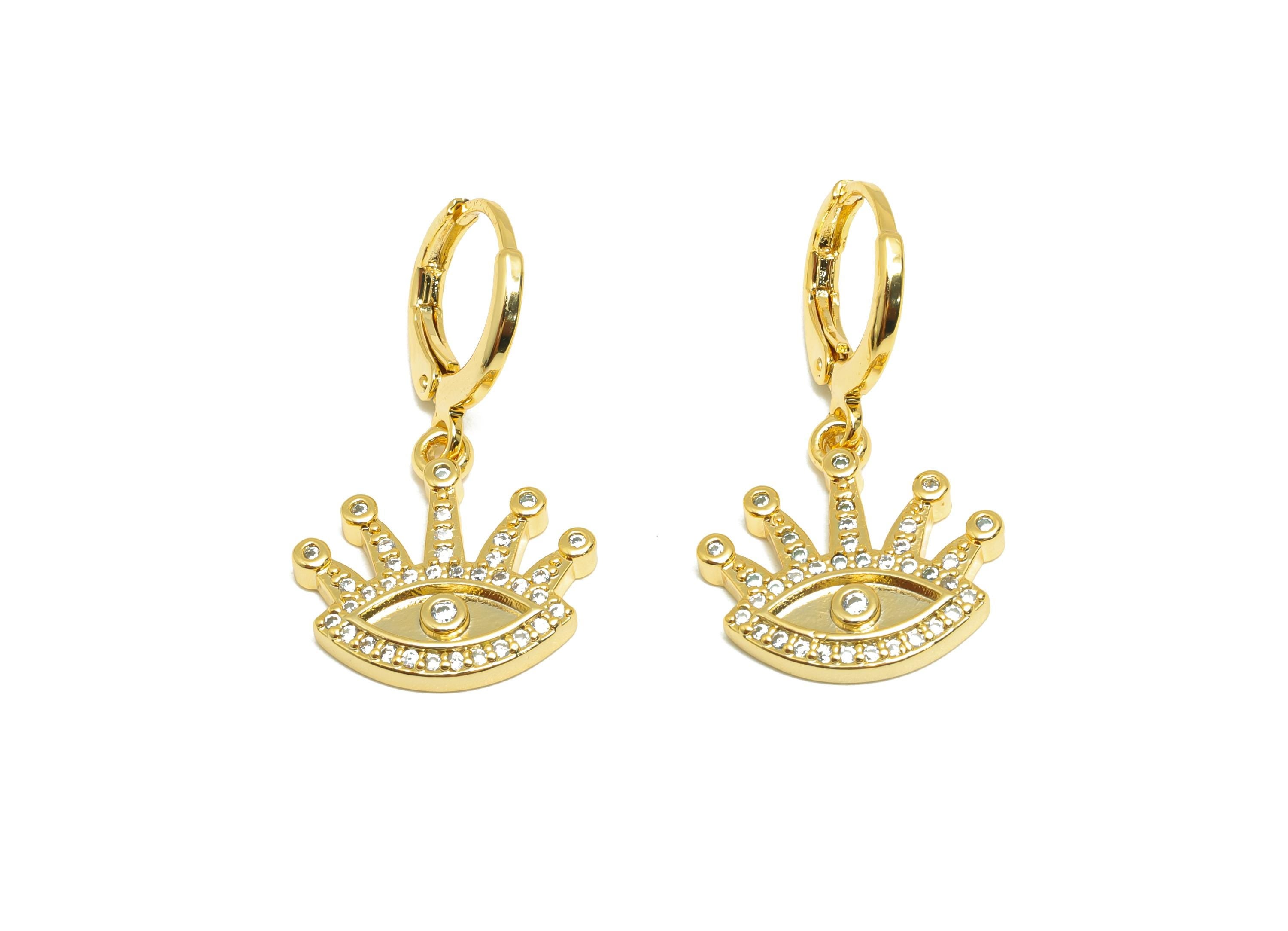 Brass Zircon Dangle Earring - Gold Eye Eyelash Huggie Earring - Daily Wear Hoop Earring - 18K Real Gold Plating - 29.5x16.24x2.25mm- RGP9141 - DOMEDBAZAAR