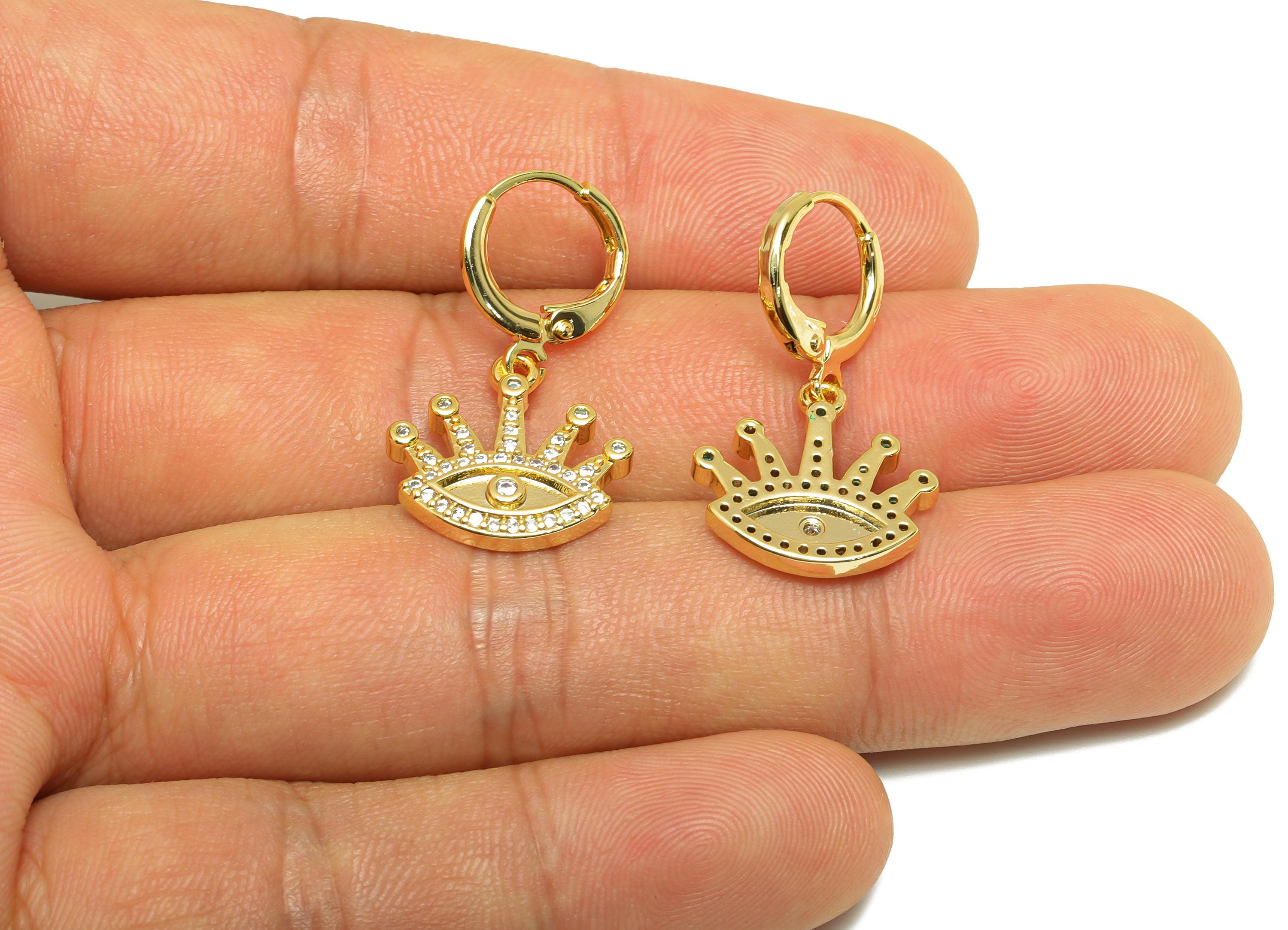 Brass Zircon Dangle Earring - Gold Eye Eyelash Huggie Earring - Daily Wear Hoop Earring - 18K Real Gold Plating - 29.5x16.24x2.25mm- RGP9141 - DOMEDBAZAAR