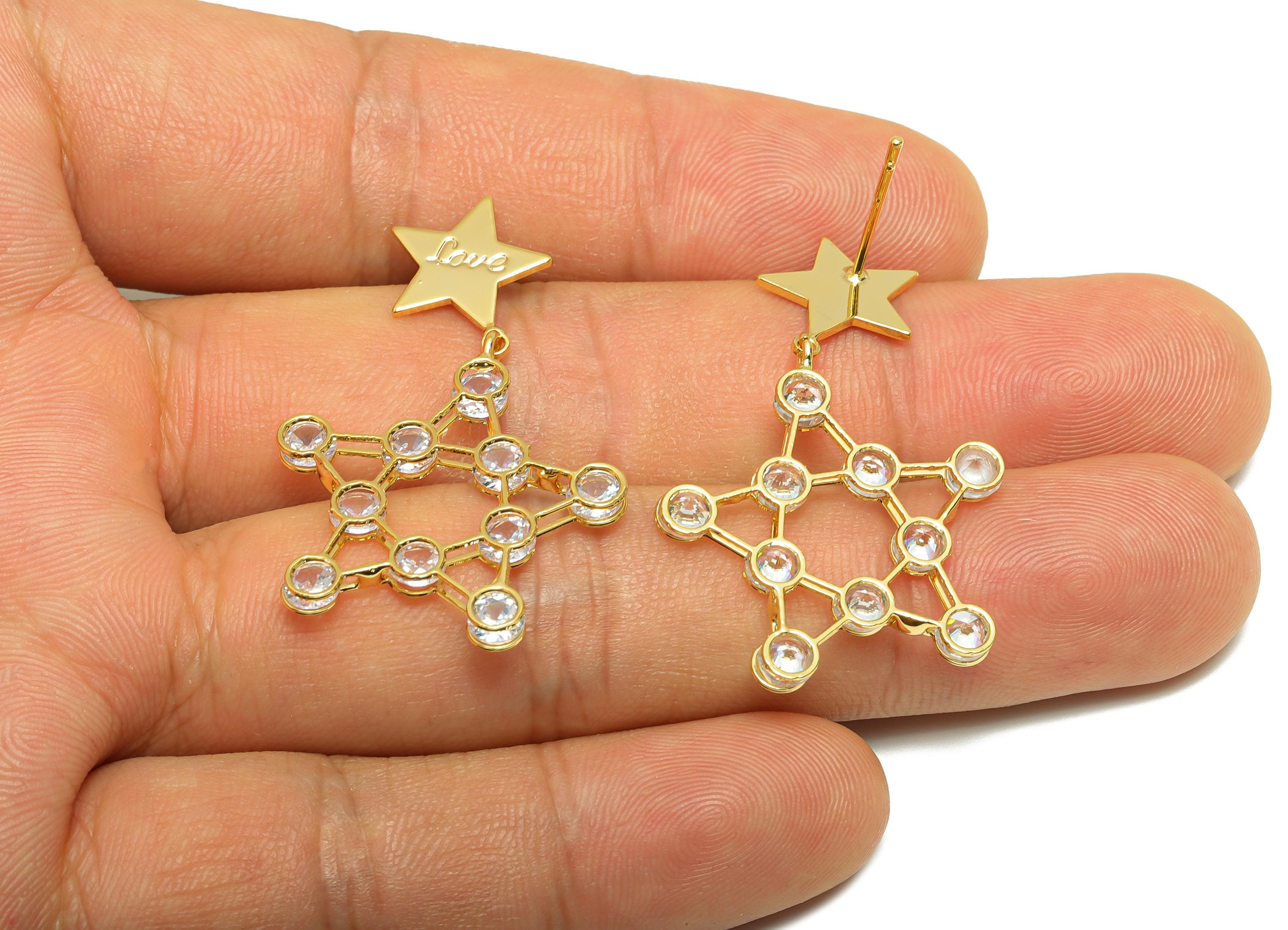 Brass Star Dangle Earring - Zircon Earring Stud for Girl - Gold Daily Wear Earring Post - 18K Real Gold Plating -38.89x24.07x2.61mm- RGP9144 - DOMEDBAZAAR
