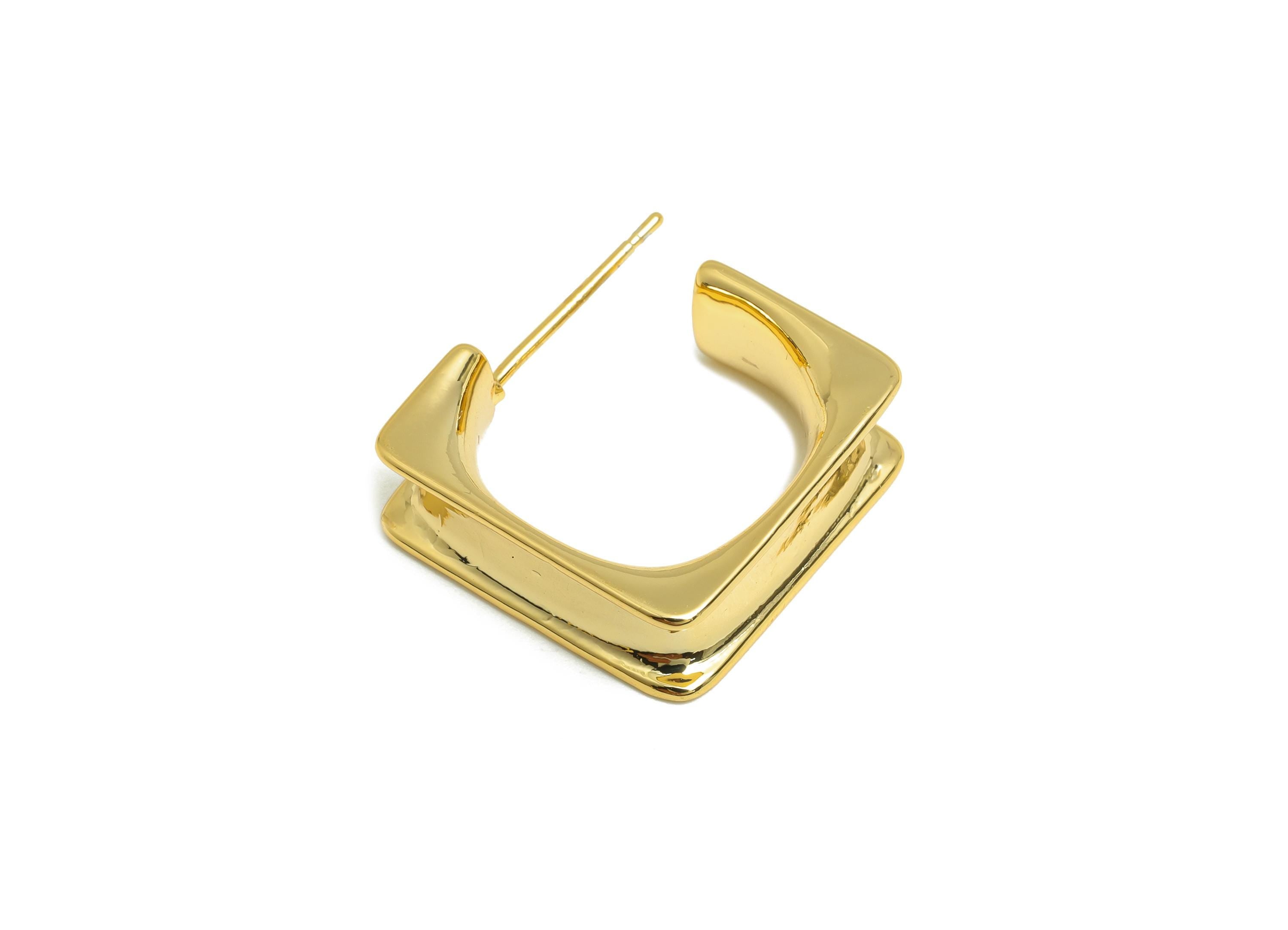 Brass Square Earring Stud - Gold C Hoop Earring Post - Minimalist Daily Wear Earring - 18K Real Gold Plating - 18.06x18.02x1.39mm - RGP9151 - DOMEDBAZAAR