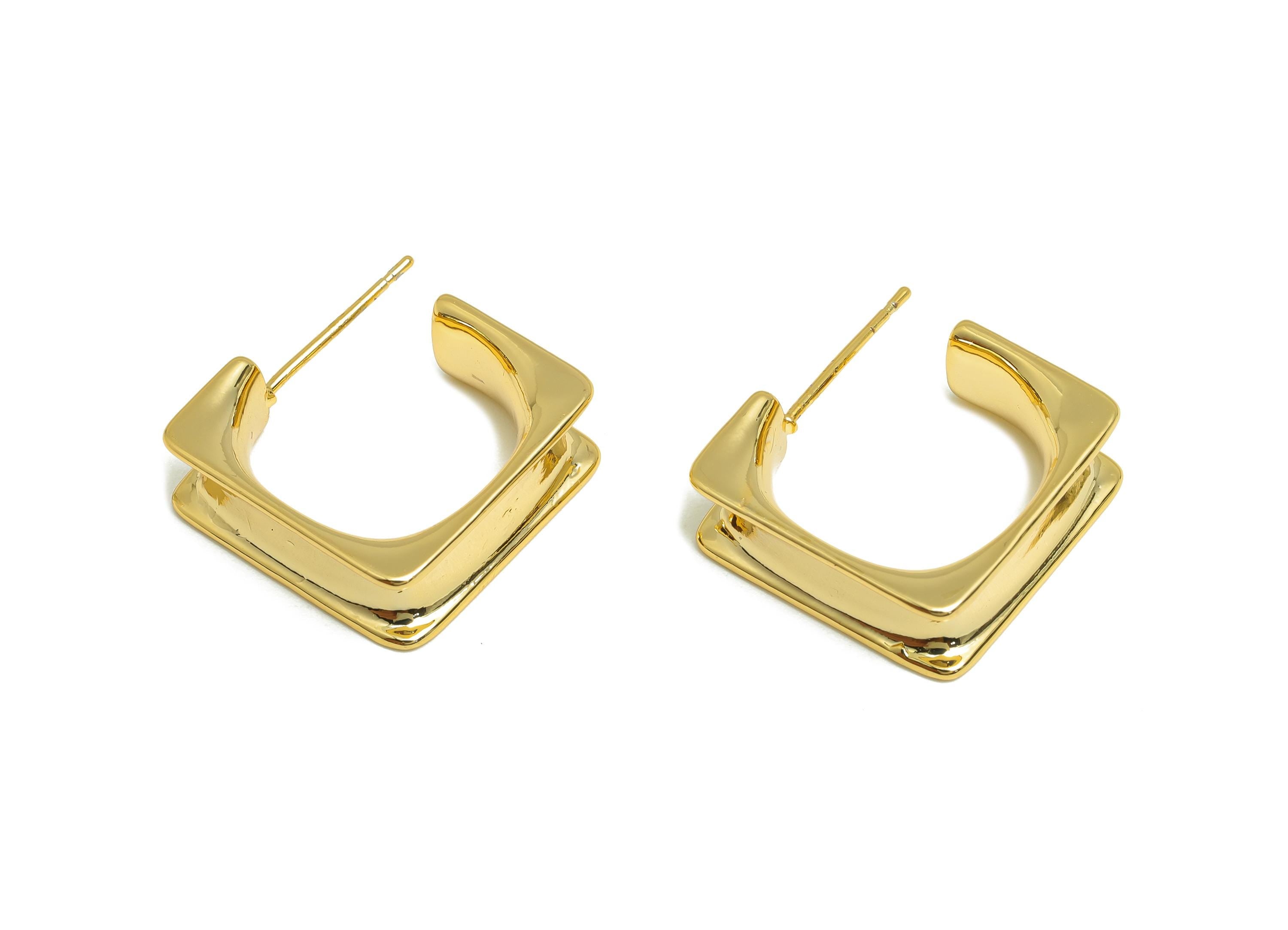 Brass Square Earring Stud - Gold C Hoop Earring Post - Minimalist Daily Wear Earring - 18K Real Gold Plating - 18.06x18.02x1.39mm - RGP9151 - DOMEDBAZAAR