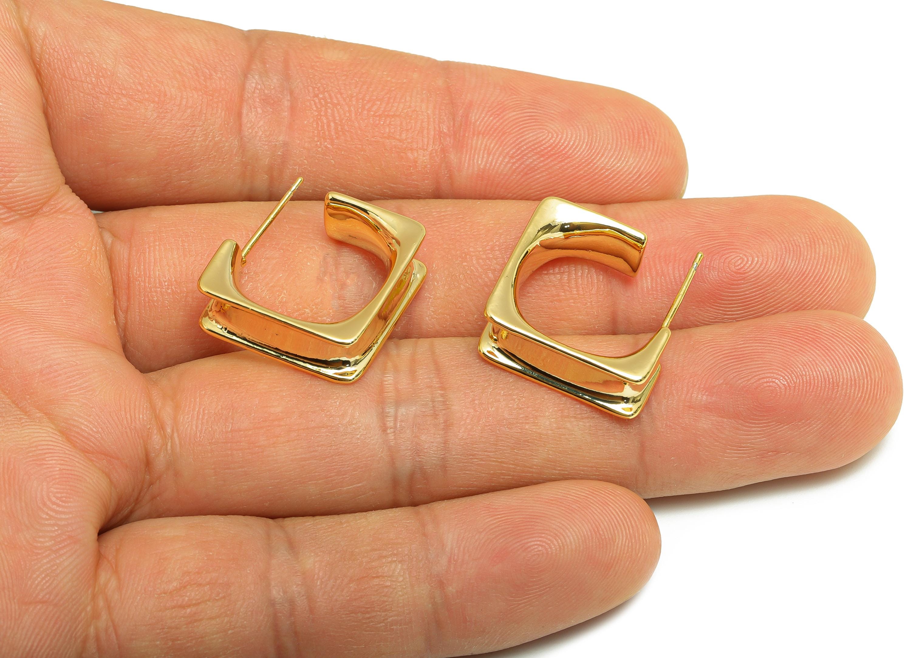 Brass Square Earring Stud - Gold C Hoop Earring Post - Minimalist Daily Wear Earring - 18K Real Gold Plating - 18.06x18.02x1.39mm - RGP9151 - DOMEDBAZAAR