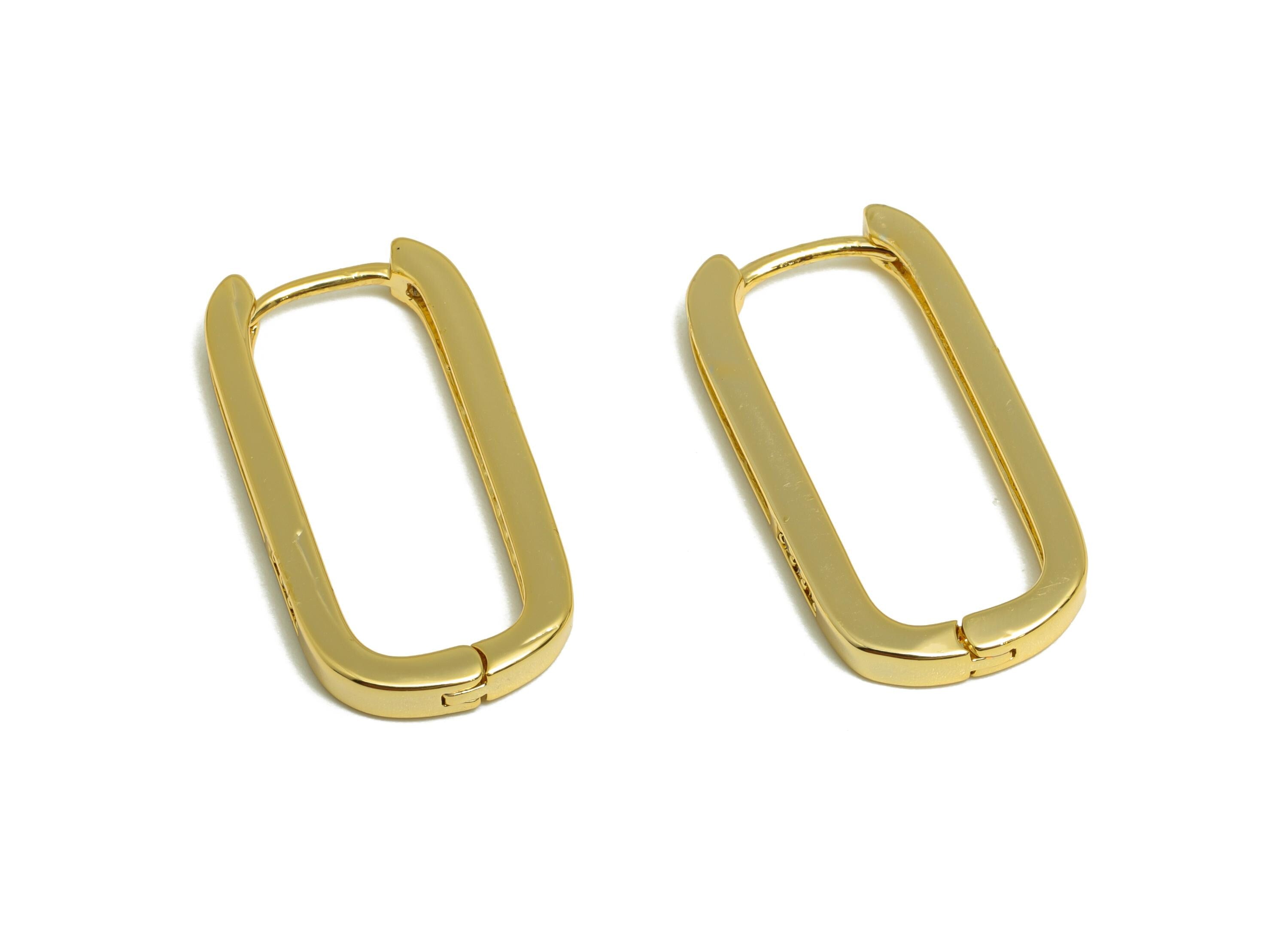 Brass Rectangle Hoop Earring - Zircon Huggie Earring for Women - Gold Daily Wear Earring - 18K Real Gold Plating -24.98x12.6x2.53mm -RGP9152 - DOMEDBAZAAR