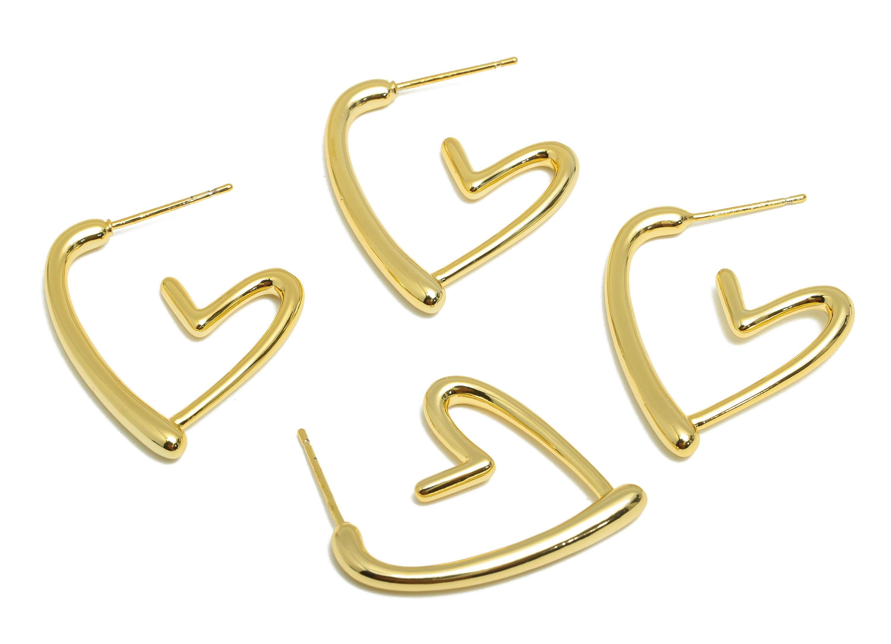 Brass Heart Earring Stud - Gold Open Heart Ear for Girls - Valentine&#39;s Day Earring Post - 18K Real Gold Plated -27.15x22.13x2.62mm- RGP9153 - DOMEDBAZAAR