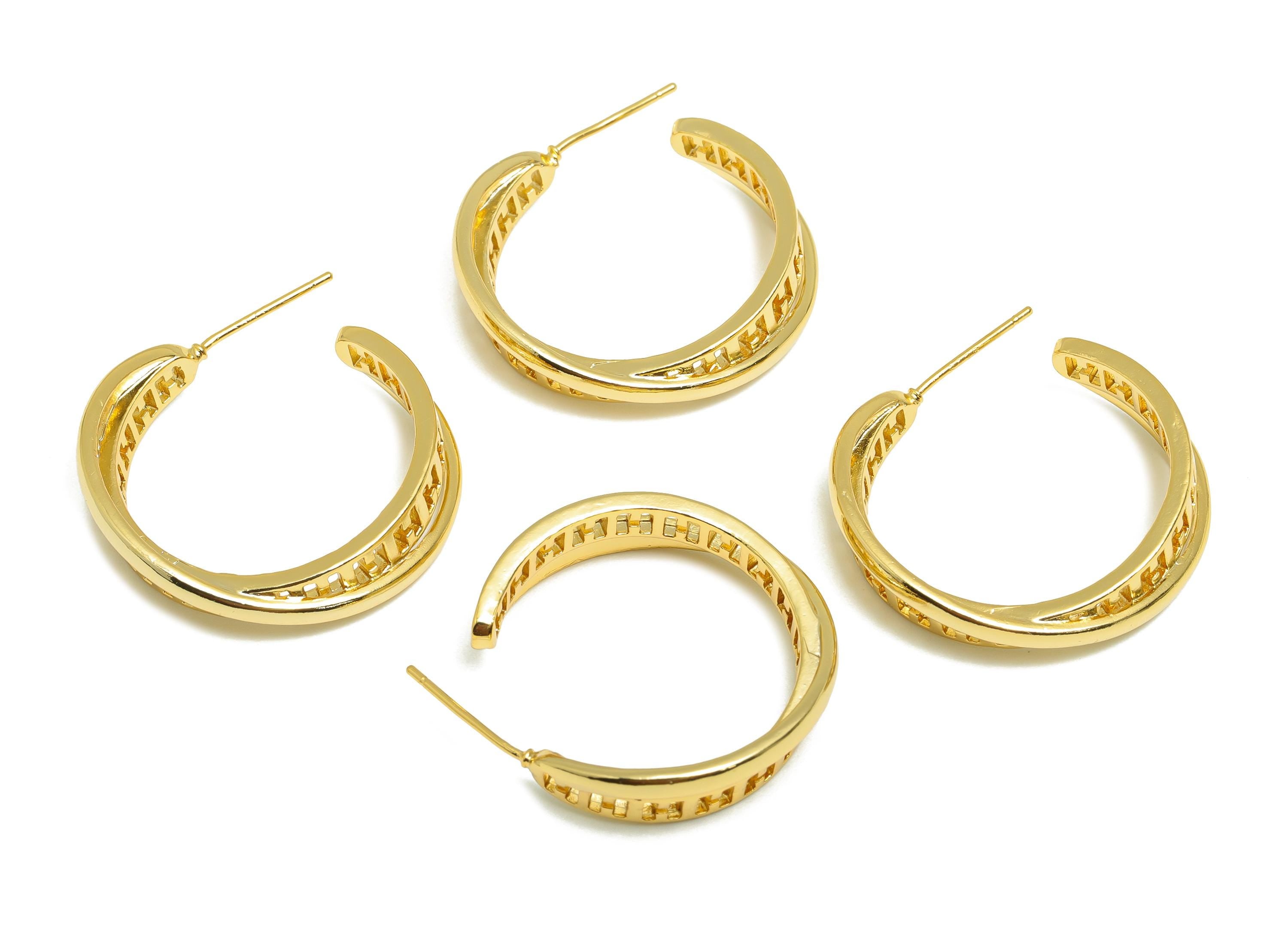 Brass C Hoop Earring - Gold Textured Earring Stud - Hollow Daily Wear Earring Post - 18K Real Gold Plating - 25.94x25.02x3.06mm - RGP9154 - DOMEDBAZAAR