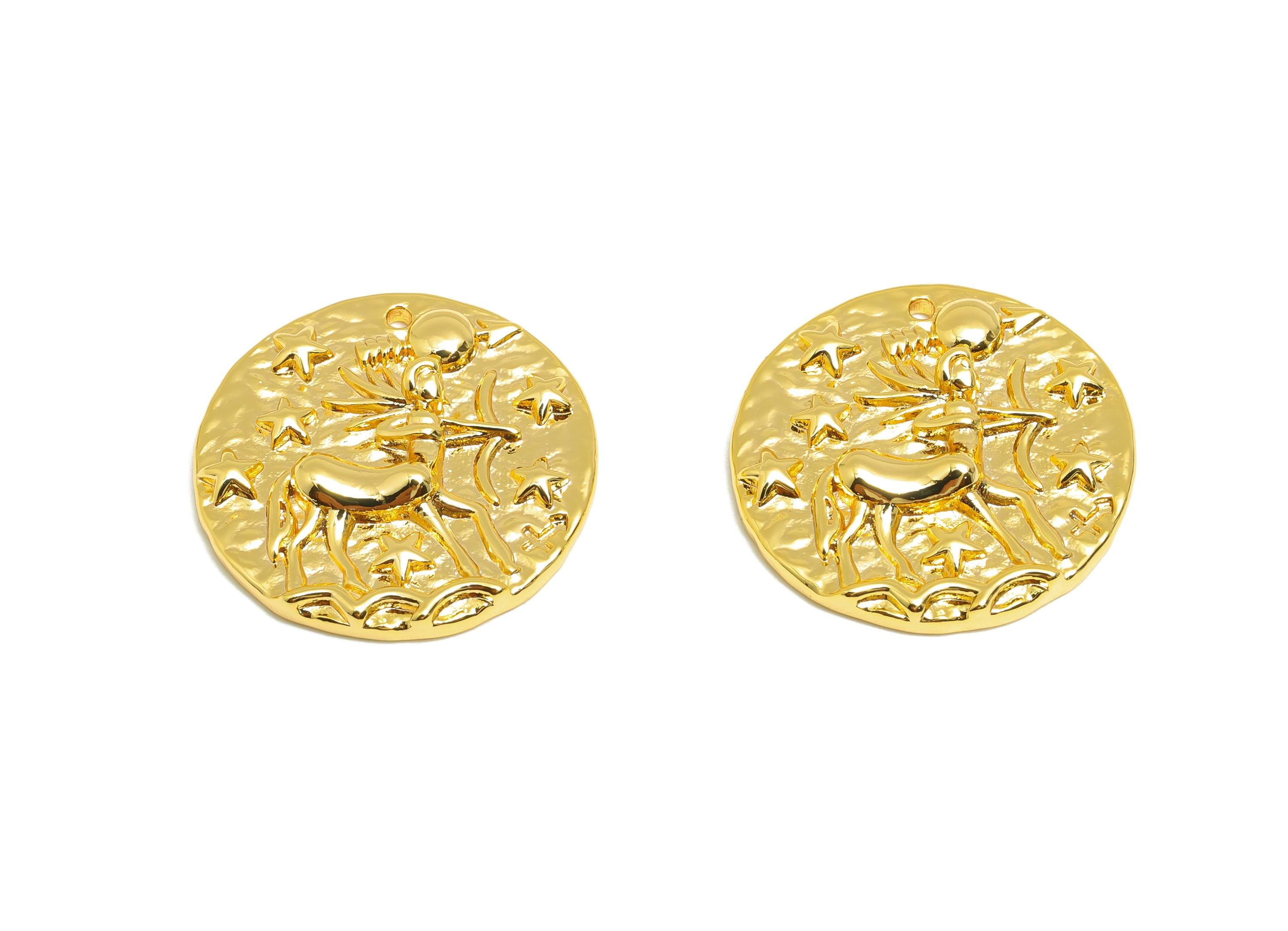 Sagittarius Round Earring Charm - Brass Zodiac Pendant - Brass Horoscopes Scorpio Necklace- 18K Real Gold Plated - 19.4x19x2.76mm - RGP4783N - DOMEDBAZAAR