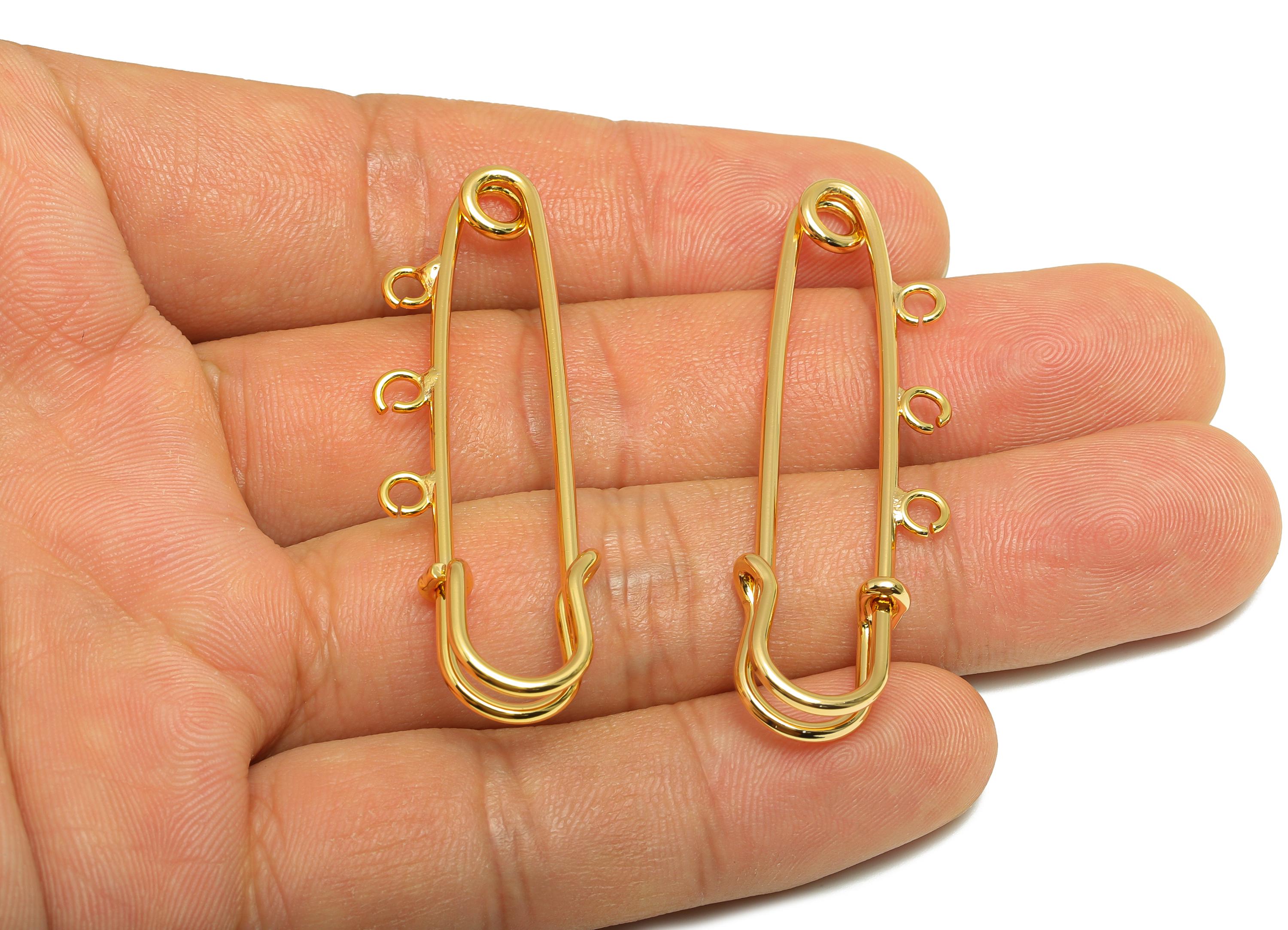 Gold Safety Pin - Brass Safety Pin Charm Holder - Safety Pin With loop Connector - 18K Real Gold Plated - Connector Pin - 50x15x5mm-RGP10289 - DOMEDBAZAAR