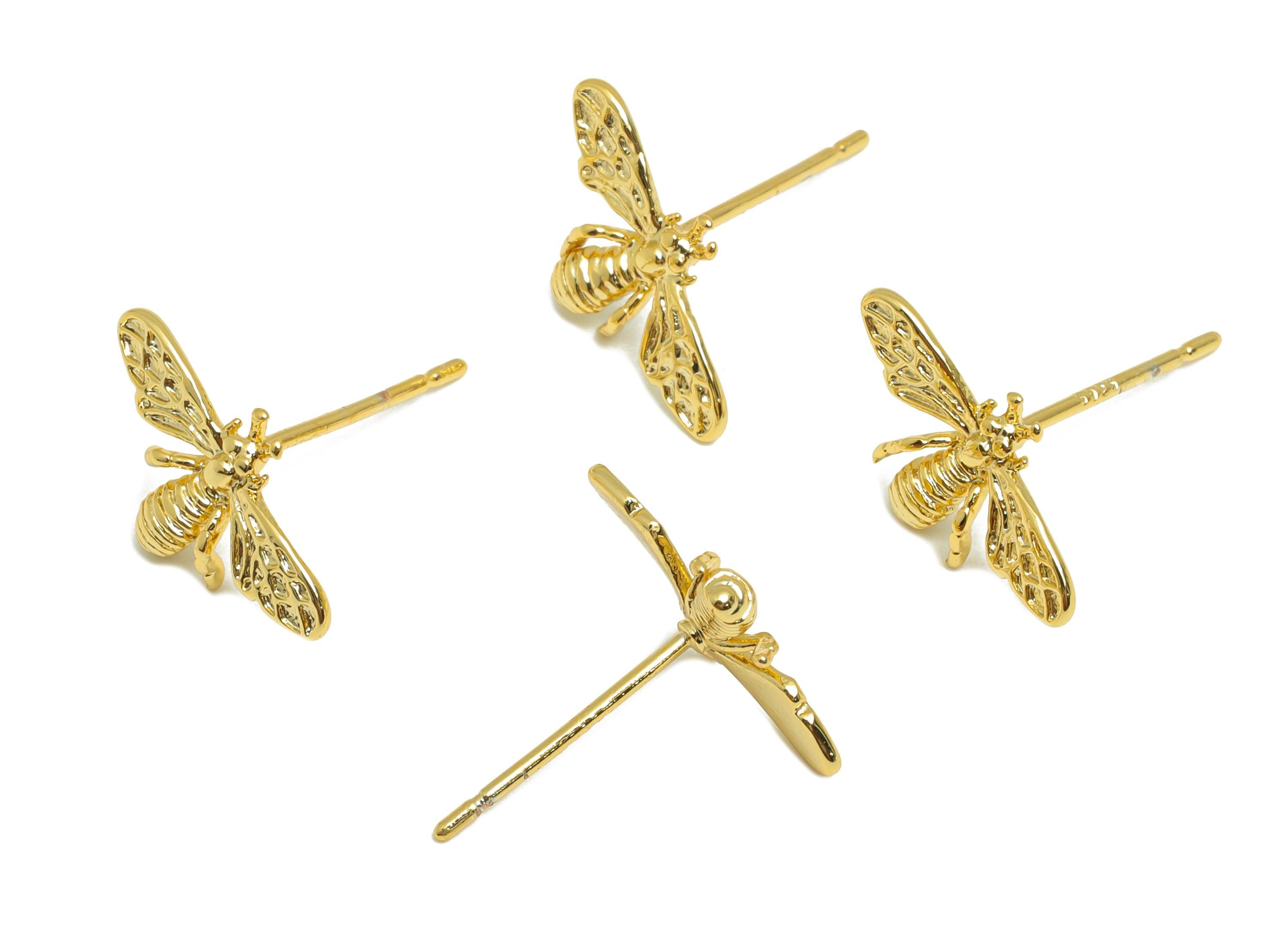 Honeybee Earring Stud - Brass Small Bee Jewelry - Minimalist Bee Earring - Gold Bee Stud - 18K Real Gold Plated - 14.18x8x0.58mm- RGP9169 - DOMEDBAZAAR