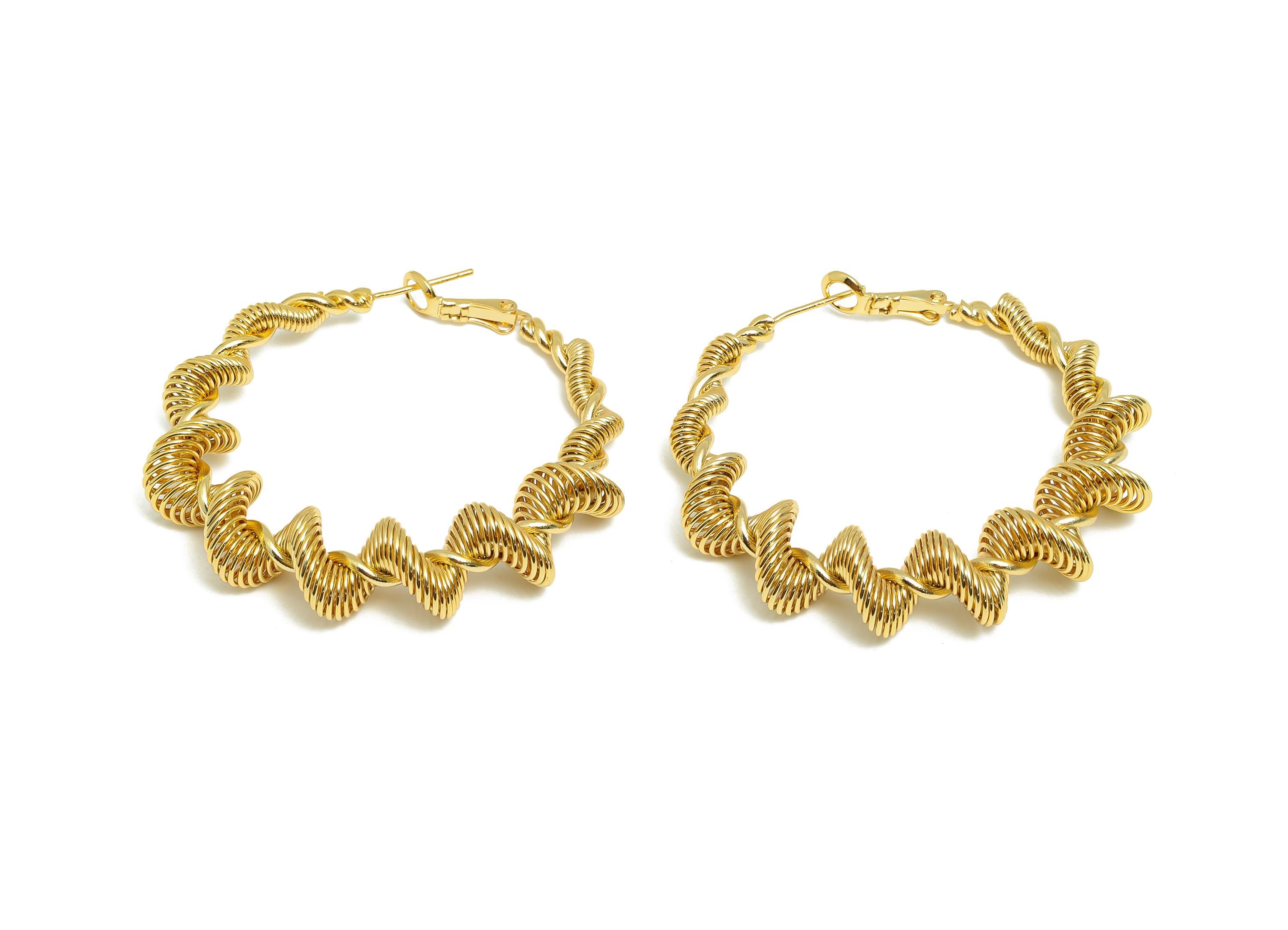 Threaded Hoop Earring - Brass Bold Earring Stud - Chunky Spiral Clasp - Push Back Earring Post - 18K Real Gold Plated - 48x44x11mm - RGP9175 - DOMEDBAZAAR