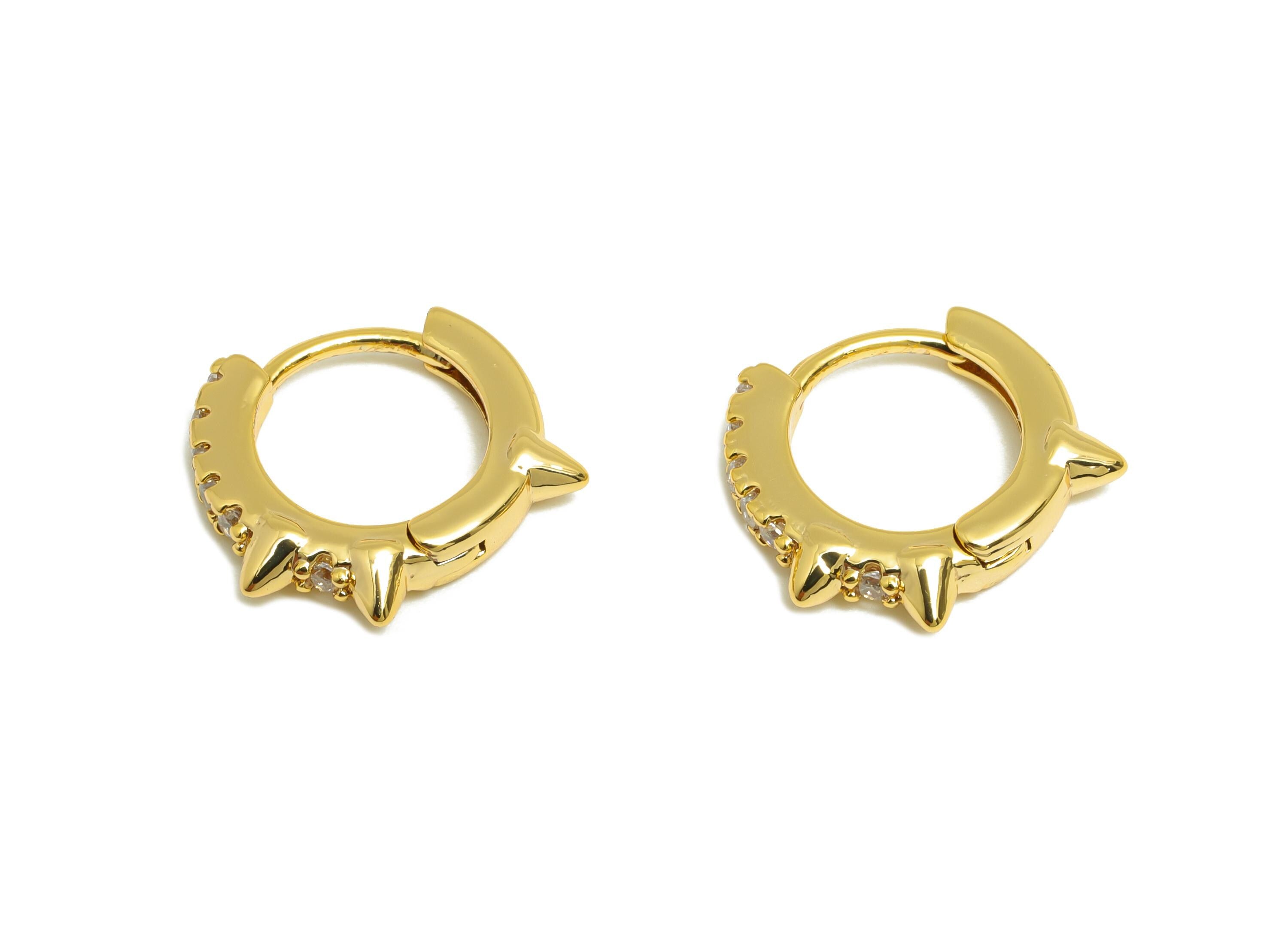 Gold Spiked Hoop Earring - Brass Bold Hoop Huggie Earring - Zircon Rock Punk Hoop Jewelry - 18K Real Gold Plating - 14.2x13x2mm - RGP9178 - DOMEDBAZAAR