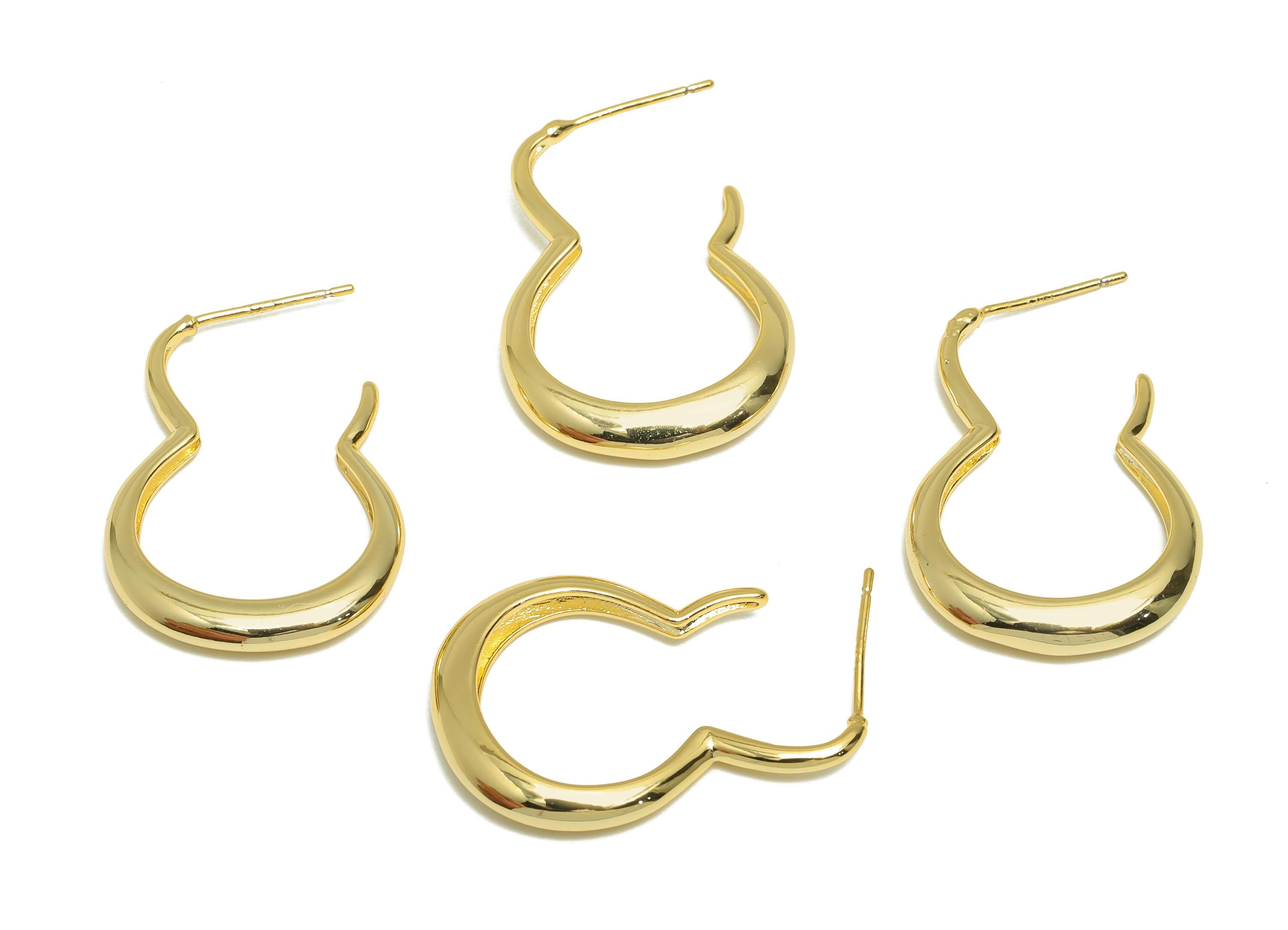 Abstract Earring Stud - Curved Gold Hoop Earring Post - Brass Fluid Hoop Earring - Modern Jewelry - 18K Real Gold Plated - 29x20x3mm-RGP9225 - DOMEDBAZAAR