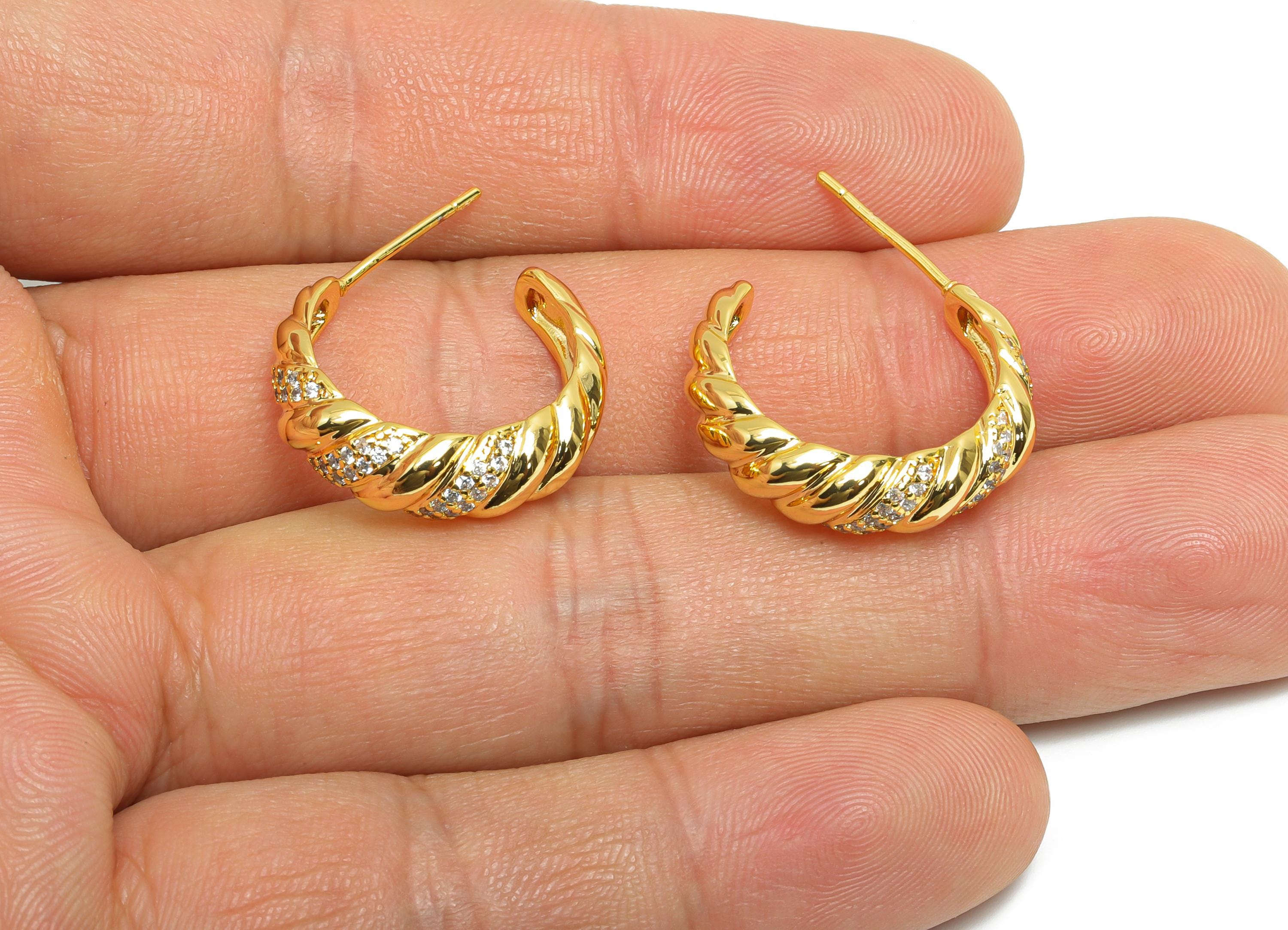 Brass C Earring Stud - Open Hoop Earring - Zircon Hoop Earring Stud - Twisted Gold Earring - 18K Real Gold Plated Brass- 21x18x6mm - RGP9437 - DOMEDBAZAAR