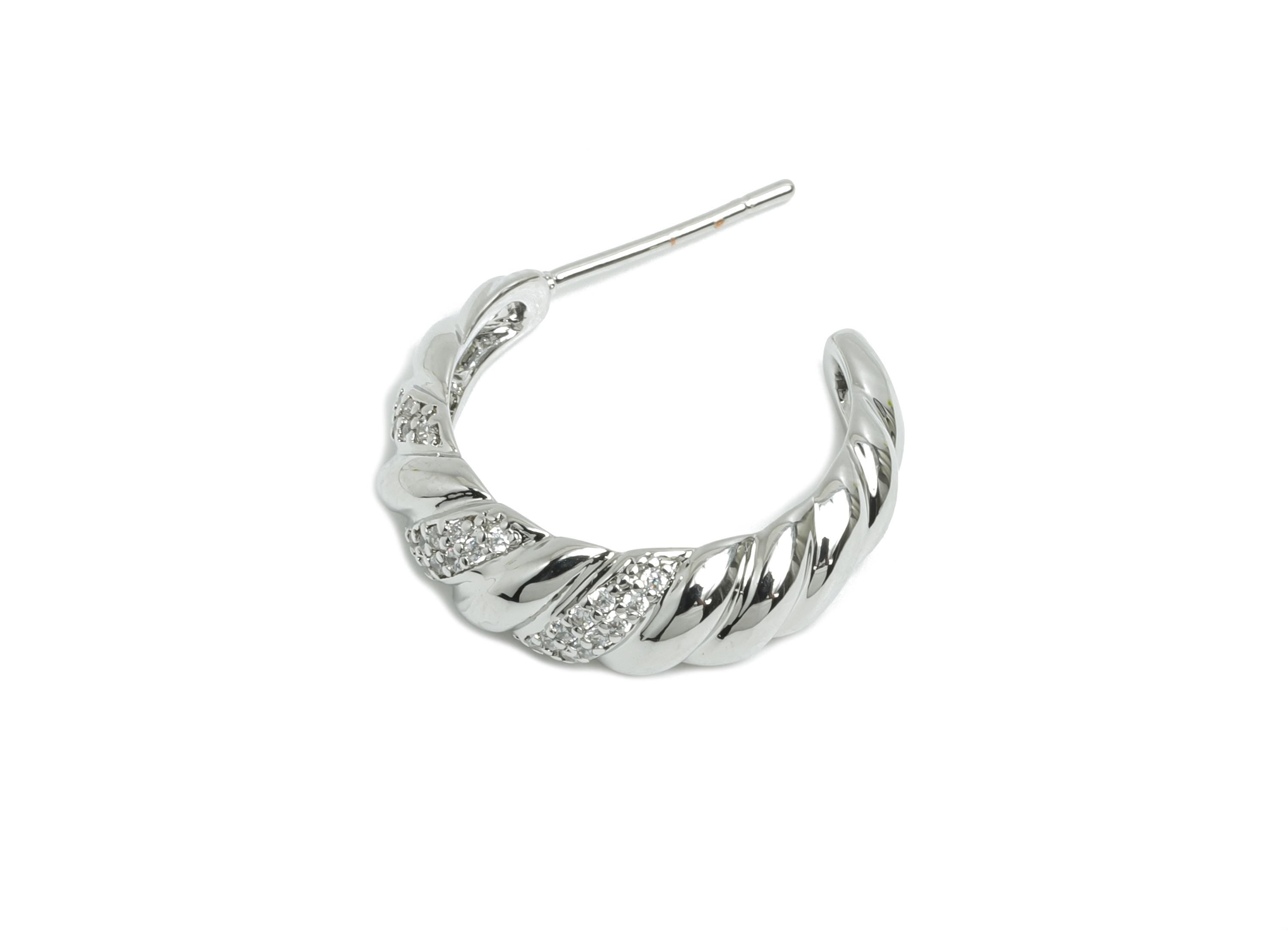 Brass C Earring Stud - Open Hoop Earring - Zircon Hoop Earring Stud -White Twisted Earring -18K Real White Gold Plated - 21x18x6mm- RGP9437S - DOMEDBAZAAR