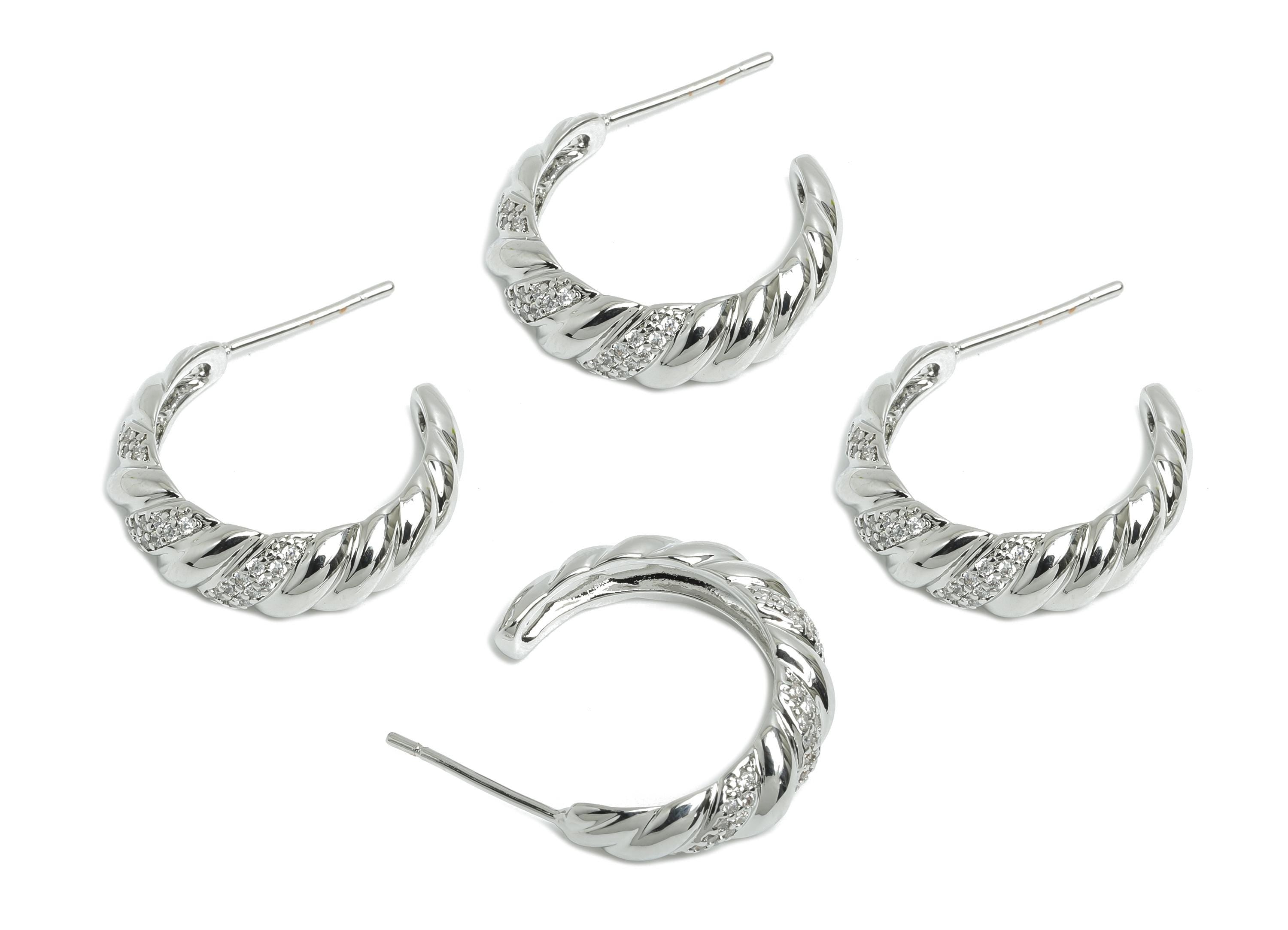 Brass C Earring Stud - Open Hoop Earring - Zircon Hoop Earring Stud -White Twisted Earring -18K Real White Gold Plated - 21x18x6mm- RGP9437S - DOMEDBAZAAR