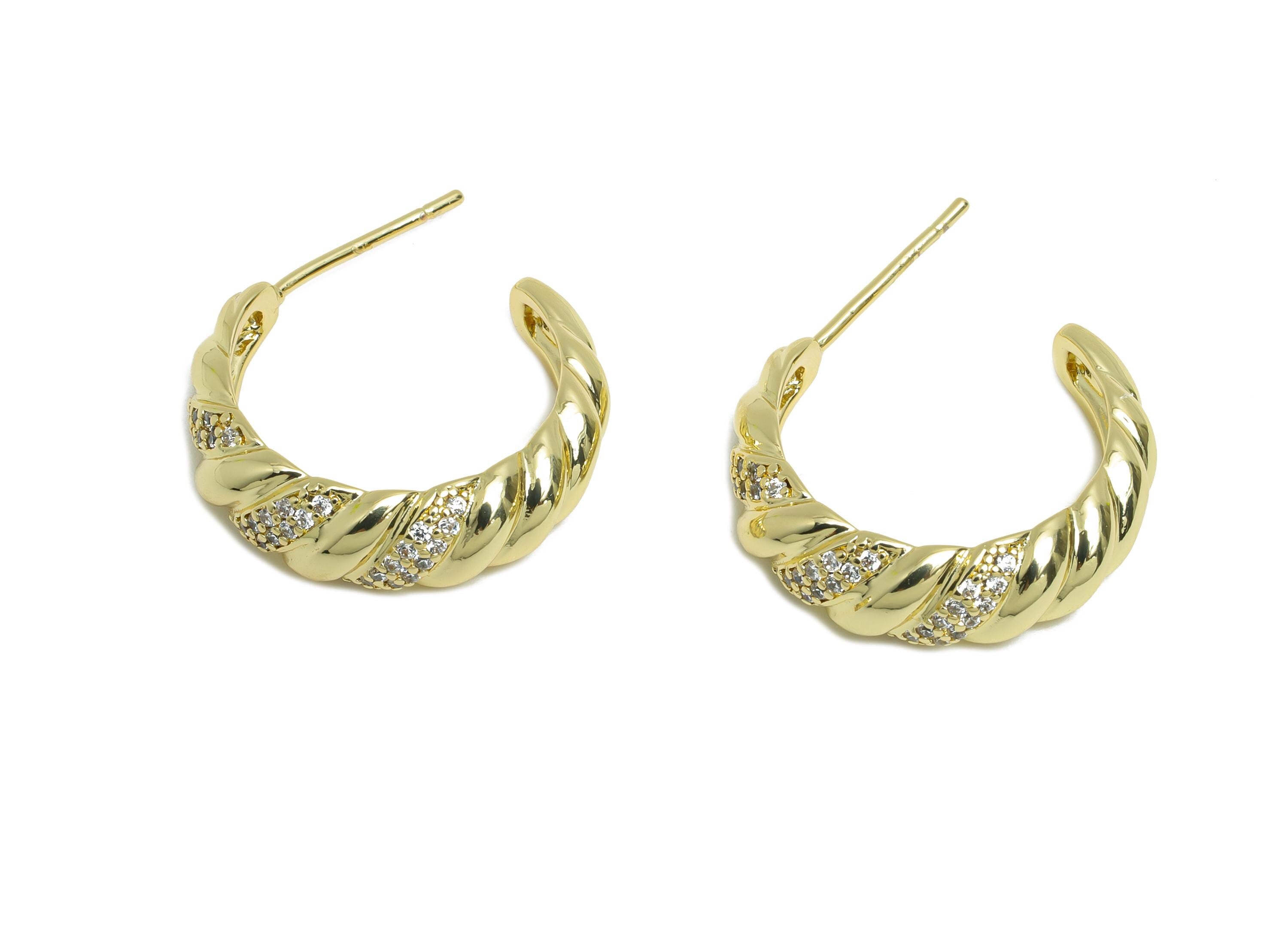 Brass C Earring Studs - Open Hoop Earrings - Zircon Hoop Earring Stud - Twisted Gold Earring - 14K Real Gold Plated - 21x18x6mm - RGP9437-14 - DOMEDBAZAAR