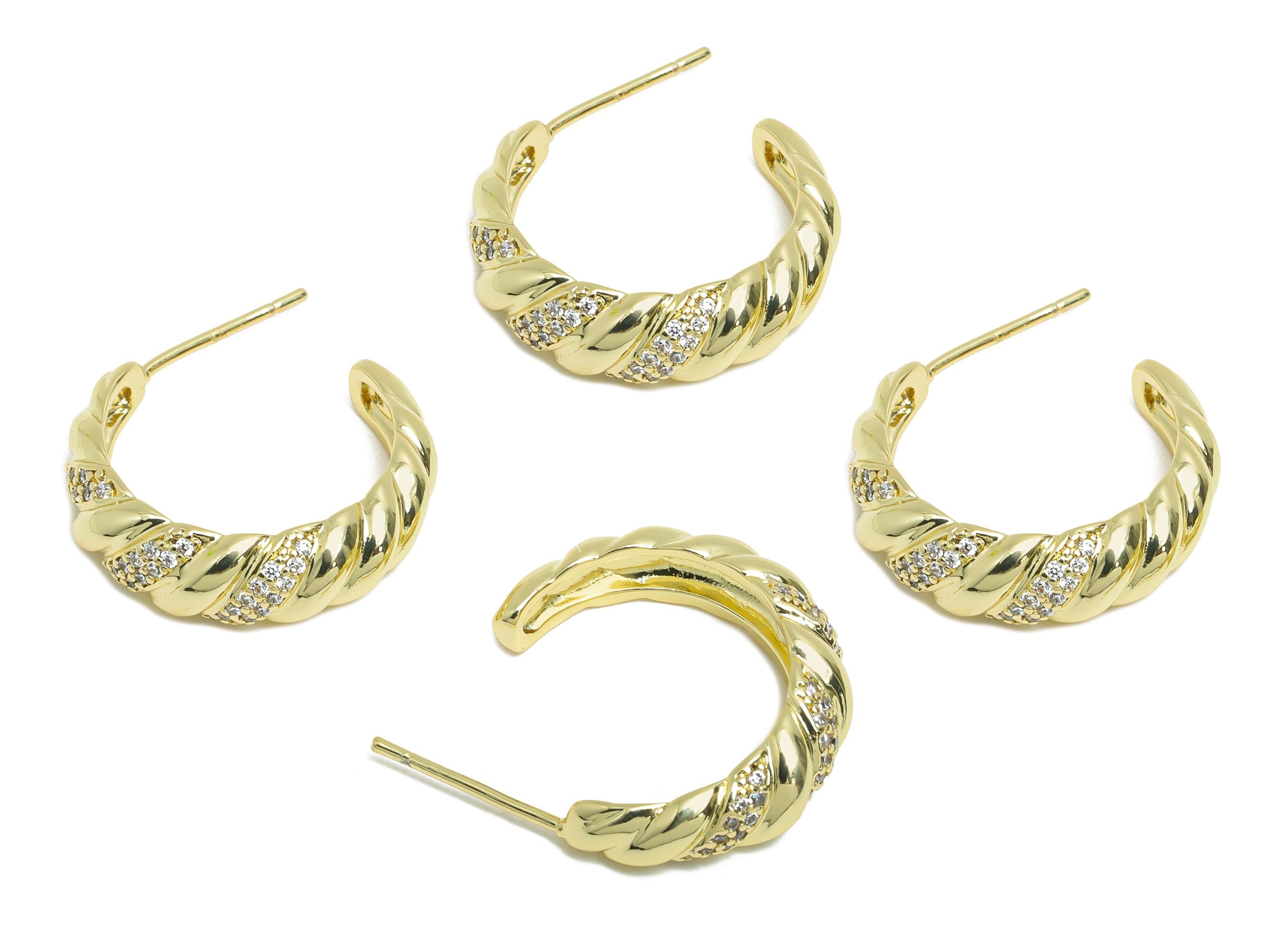 Brass C Earring Studs - Open Hoop Earrings - Zircon Hoop Earring Stud - Twisted Gold Earring - 14K Real Gold Plated - 21x18x6mm - RGP9437-14 - DOMEDBAZAAR