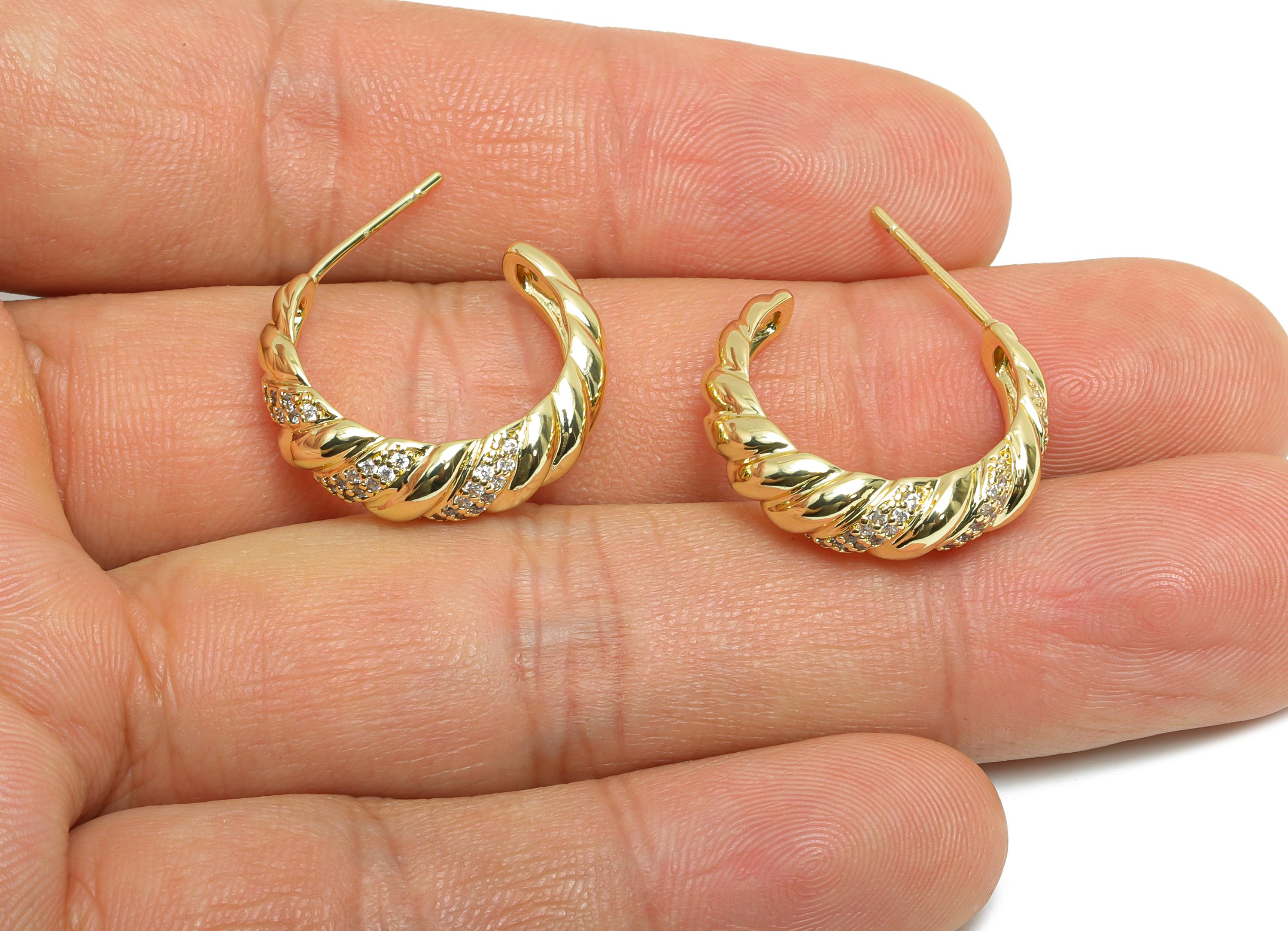 Brass C Earring Studs - Open Hoop Earrings - Zircon Hoop Earring Stud - Twisted Gold Earring - 14K Real Gold Plated - 21x18x6mm - RGP9437-14 - DOMEDBAZAAR