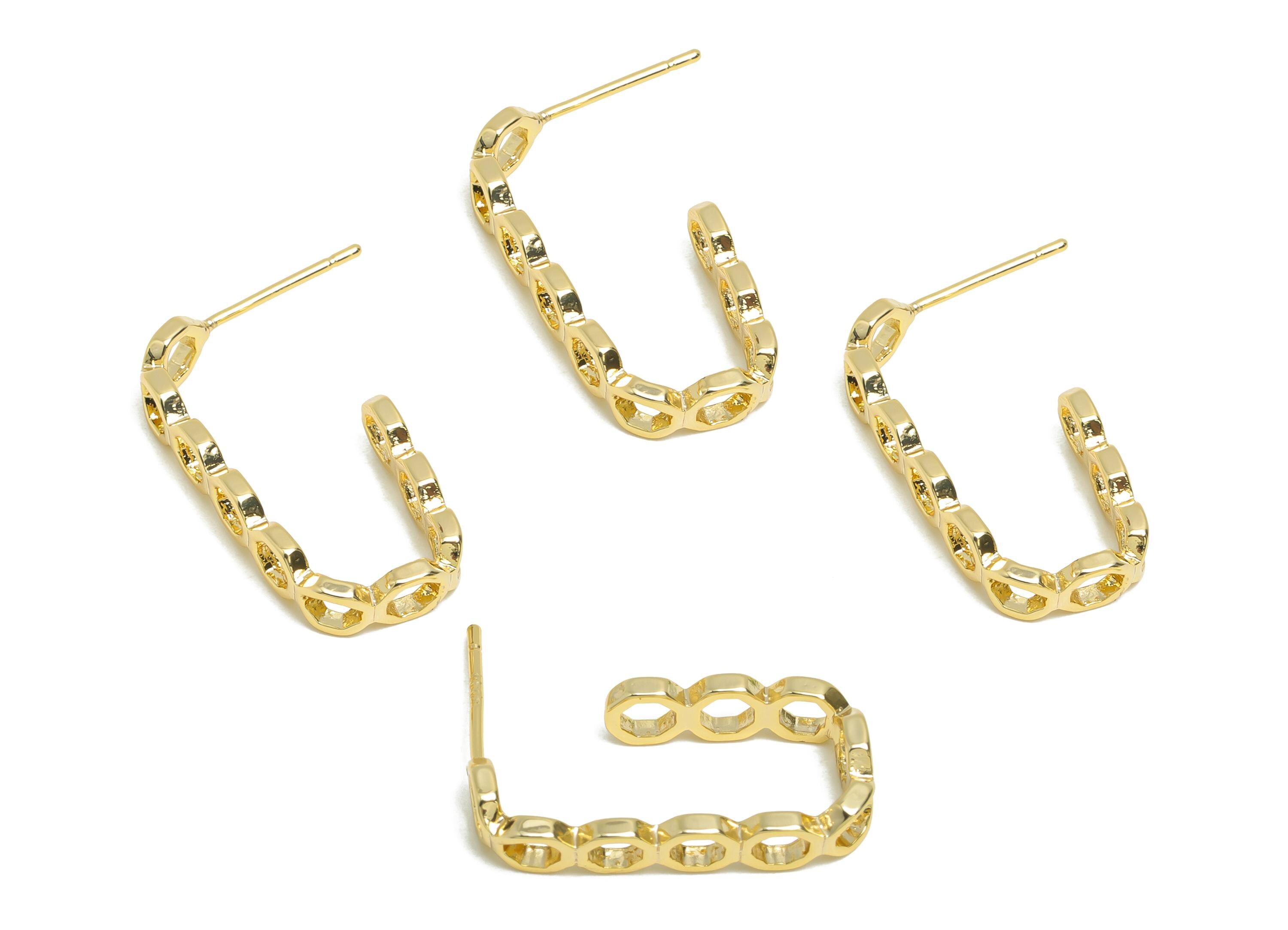 Brass Chain Link Earring Stud - Open Chain Link Hoop Earring - Gold Textured Earring Post- 18k Real Gold Plated Brass -24x10.5x1.8mm-RGP9433 - DOMEDBAZAAR