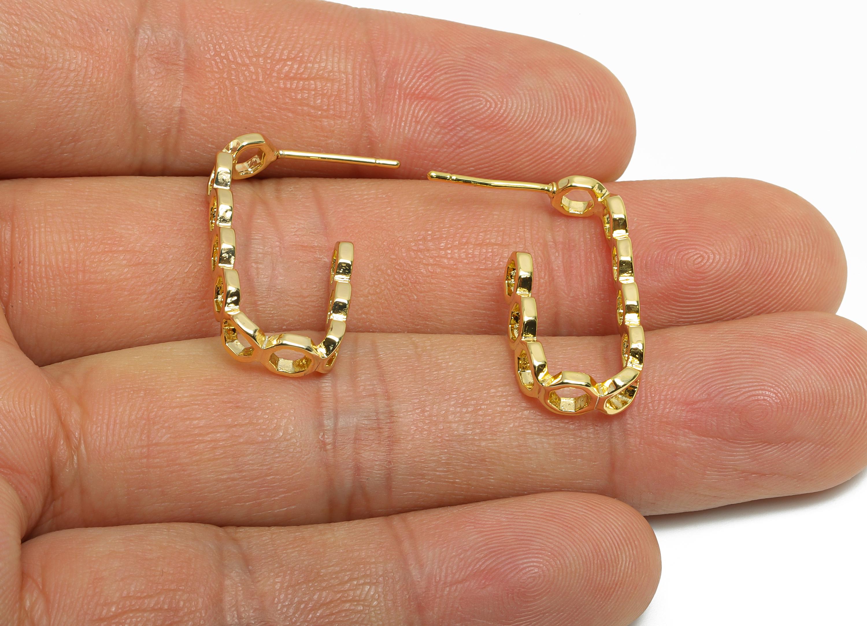 Brass Chain Link Earring Stud - Open Chain Link Hoop Earring - Gold Textured Earring Post- 18k Real Gold Plated Brass -24x10.5x1.8mm-RGP9433 - DOMEDBAZAAR