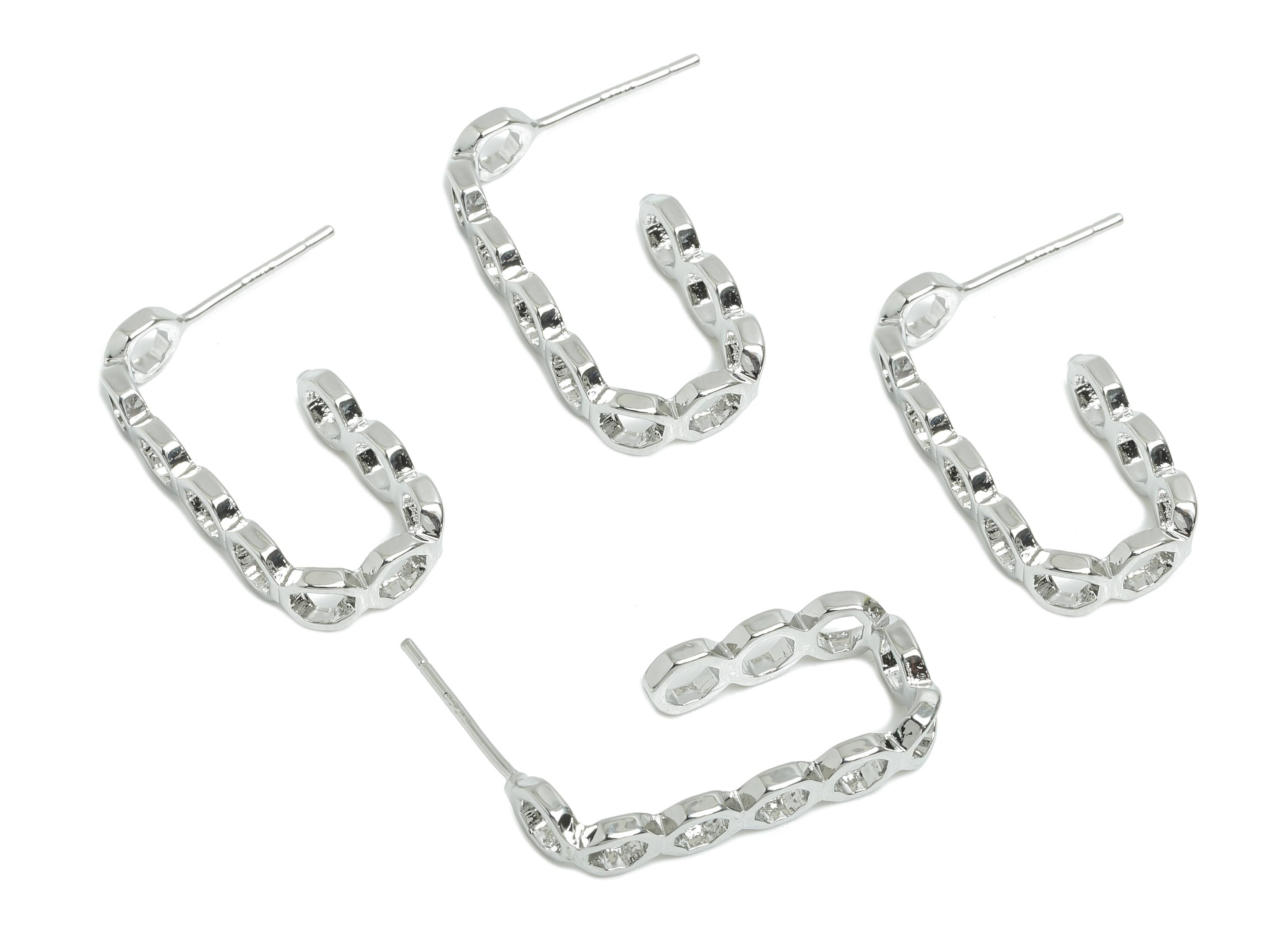 Brass Chain Link Earring Stud - Open Chain Link Hoop Earring - White Textured Ear Post - 18k Real White Gold Plated - 24x10.5x1.8mm-RGP9433S - DOMEDBAZAAR