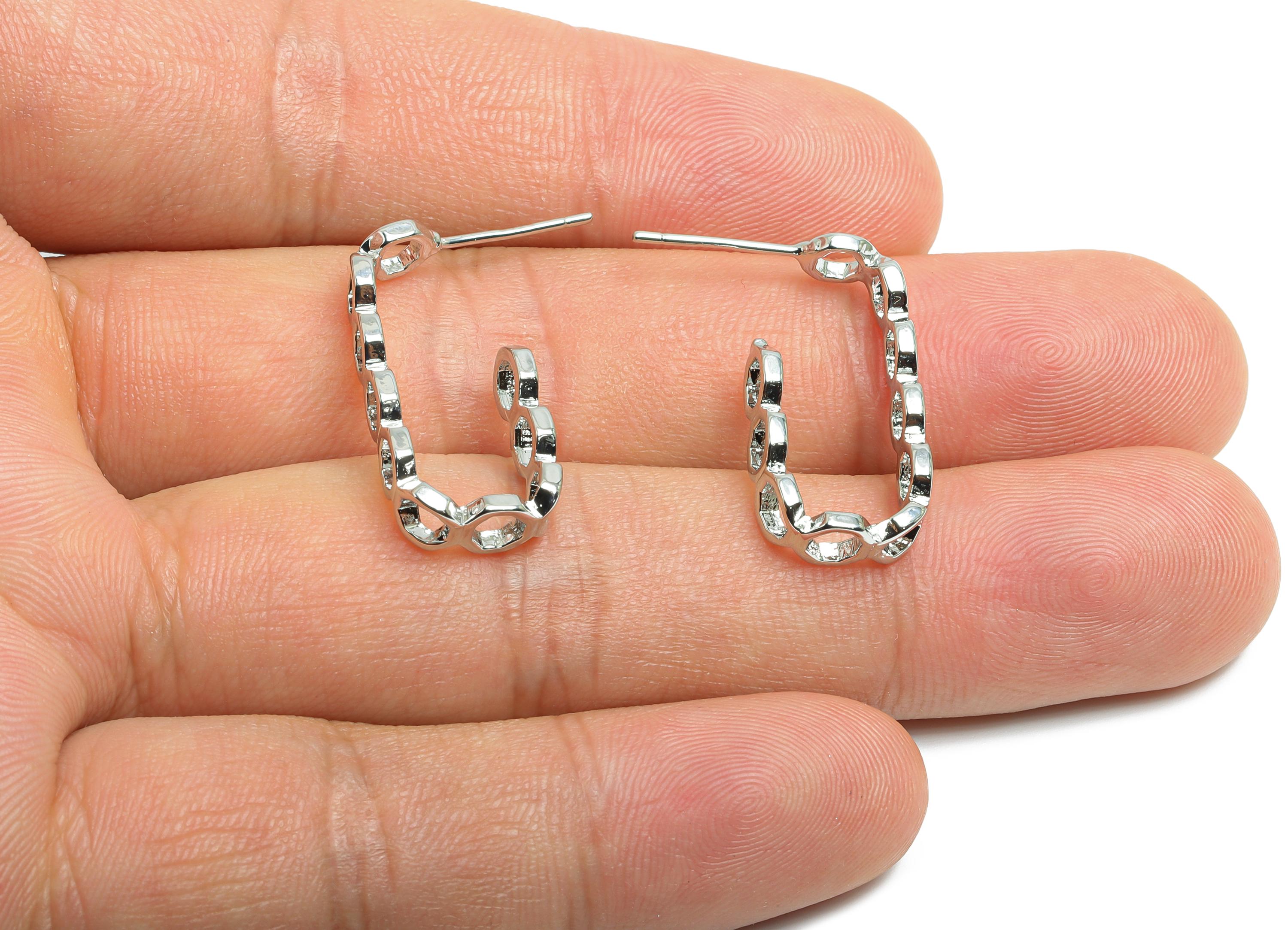 Brass Chain Link Earring Stud - Open Chain Link Hoop Earring - White Textured Ear Post - 18k Real White Gold Plated - 24x10.5x1.8mm-RGP9433S - DOMEDBAZAAR