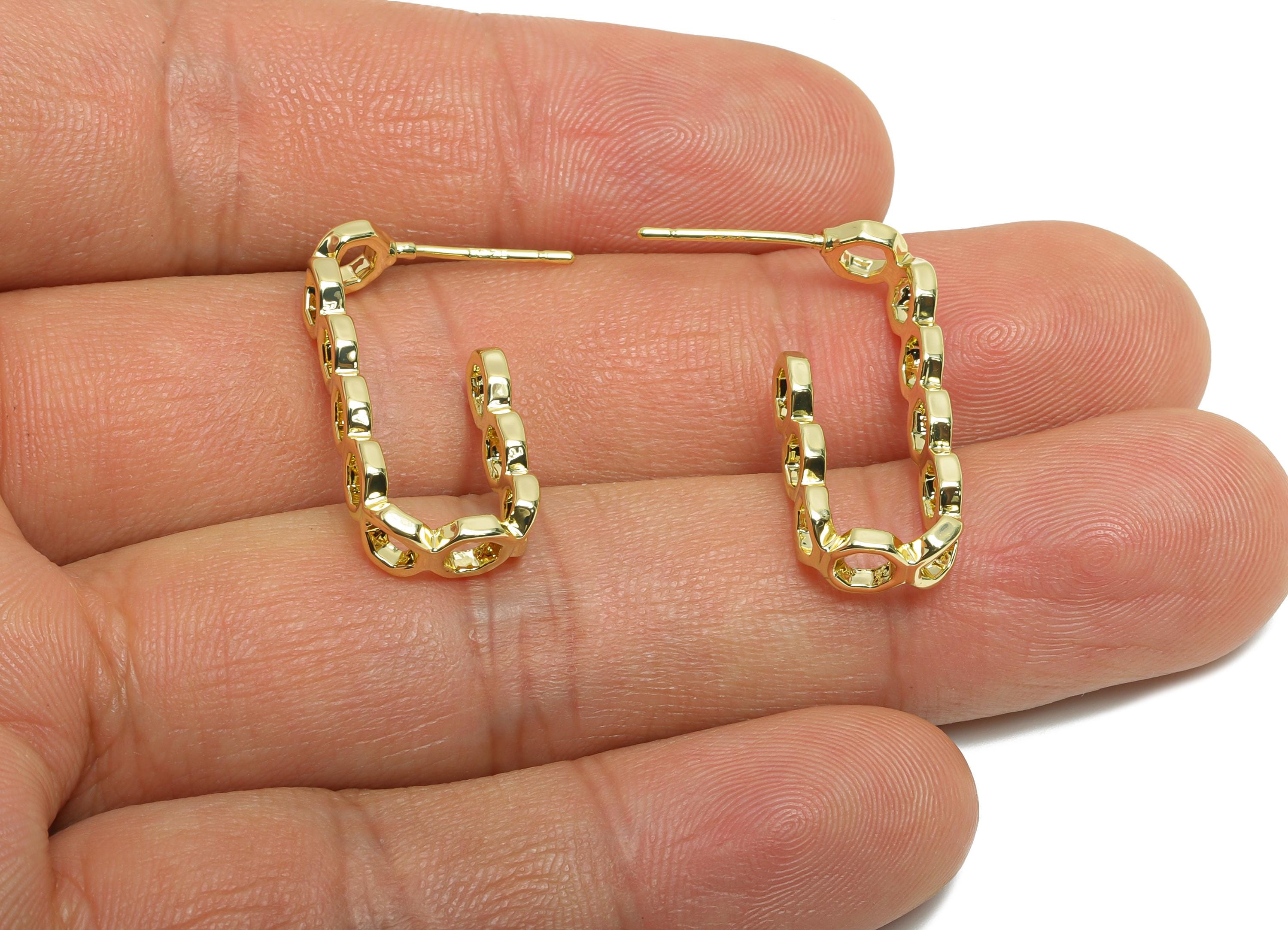 Brass Chain Link Earring Stud - Open Chain Link Hoop Earrings - Gold Textured Earring Posts - 14k Real Gold Plated -24x10.5x1.8mm-RGP9433-14 - DOMEDBAZAAR