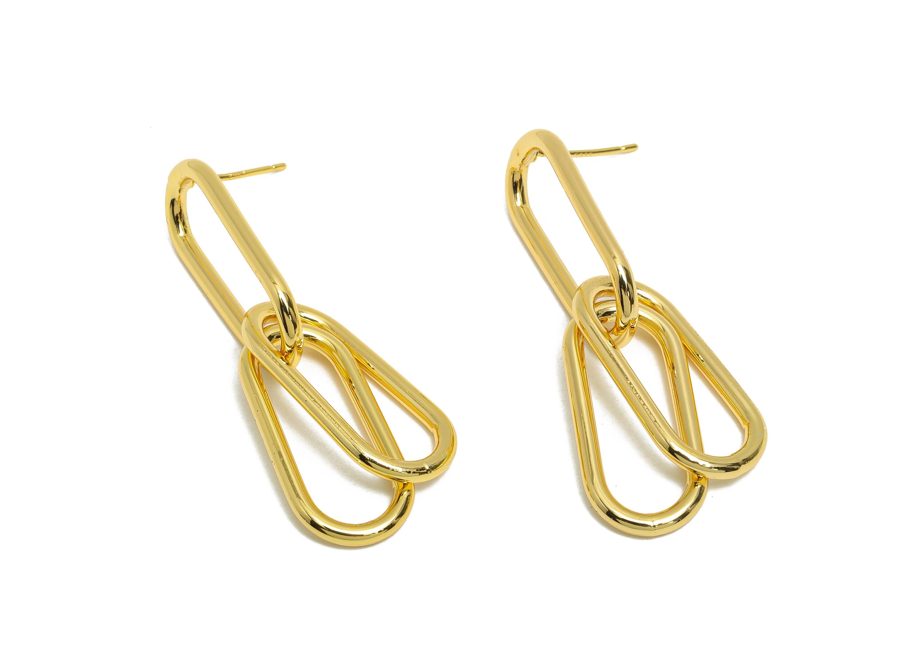 Oval Dangle Earring - Brass Chain Link Earring Post - Gold Dangle Minimalism Geometric Earring - 18K Real Gold Plated -44x11.5x2mm - RGP9432 - DOMEDBAZAAR