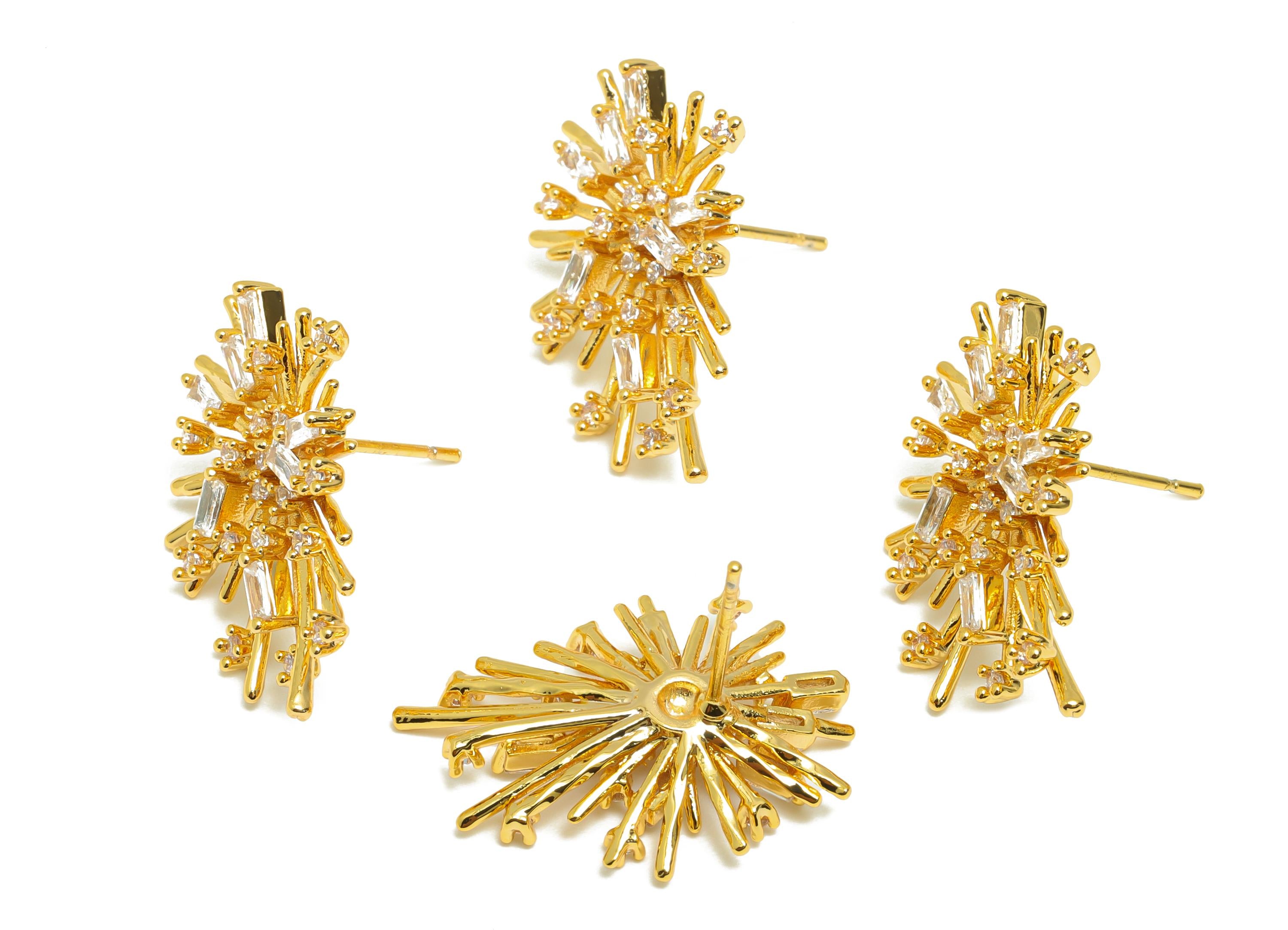 Brilliant Sparkle Earring Stud - Gold Starburst Earring Post - Brass Shimmering Gold Earring - 18K Real Gold Plated - 24x16x4.24mm - RGP9207 - DOMEDBAZAAR