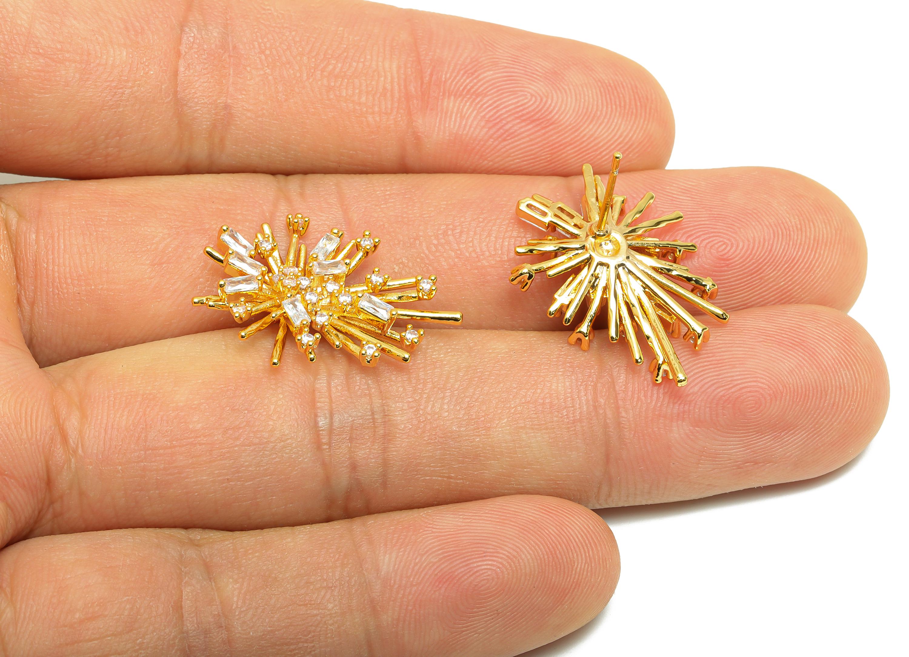 Brilliant Sparkle Earring Stud - Gold Starburst Earring Post - Brass Shimmering Gold Earring - 18K Real Gold Plated - 24x16x4.24mm - RGP9207 - DOMEDBAZAAR