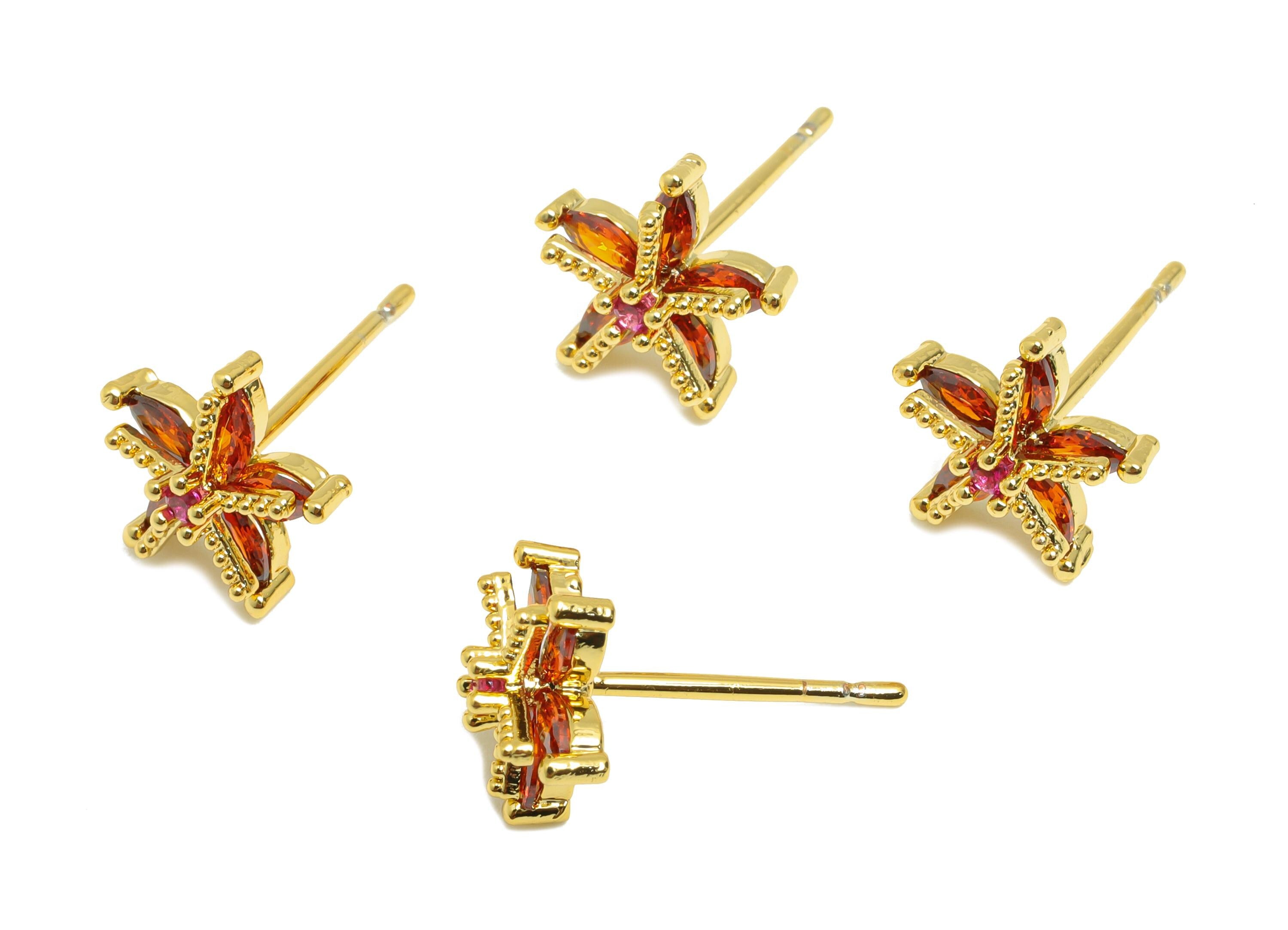 Marquise Sparkle Earring Stud - Gold Red Zircon Earring Post - Brass Shimmering Gold Earring - 18K Real Gold Plated - 9.36x9.3x4mm - RGP9221 - DOMEDBAZAAR