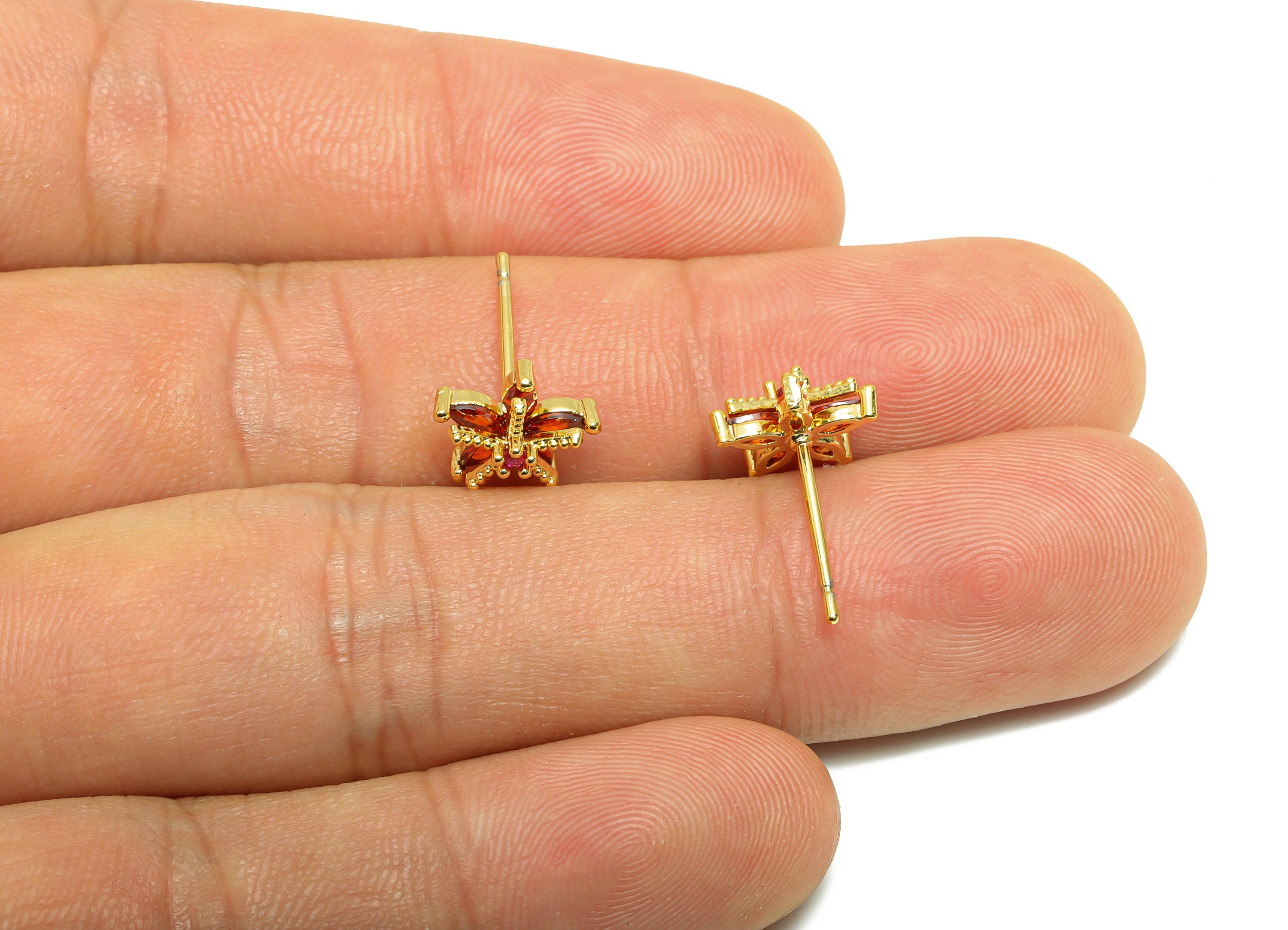 Marquise Sparkle Earring Stud - Gold Red Zircon Earring Post - Brass Shimmering Gold Earring - 18K Real Gold Plated - 9.36x9.3x4mm - RGP9221 - DOMEDBAZAAR