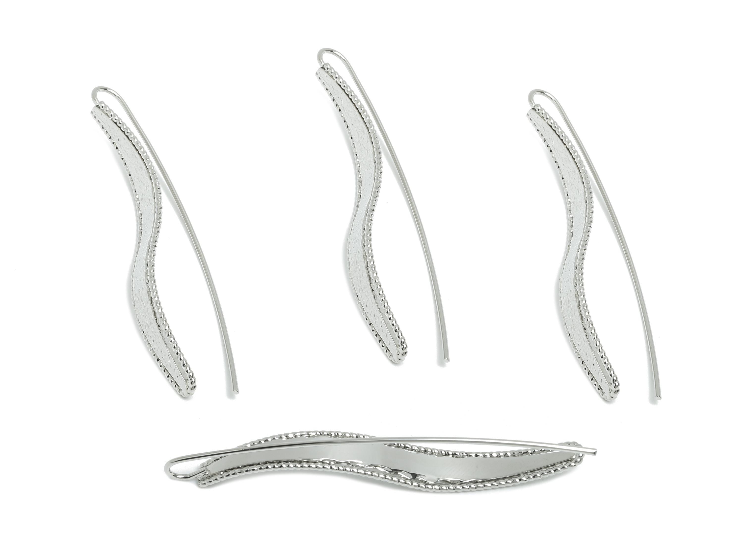 Brass Curved Earring Wire - Hammered Wave Earrings Wire - White Minimalism Long Earrings -18K Real White Gold Plated - 53x7x1.2mm - RGP9427S