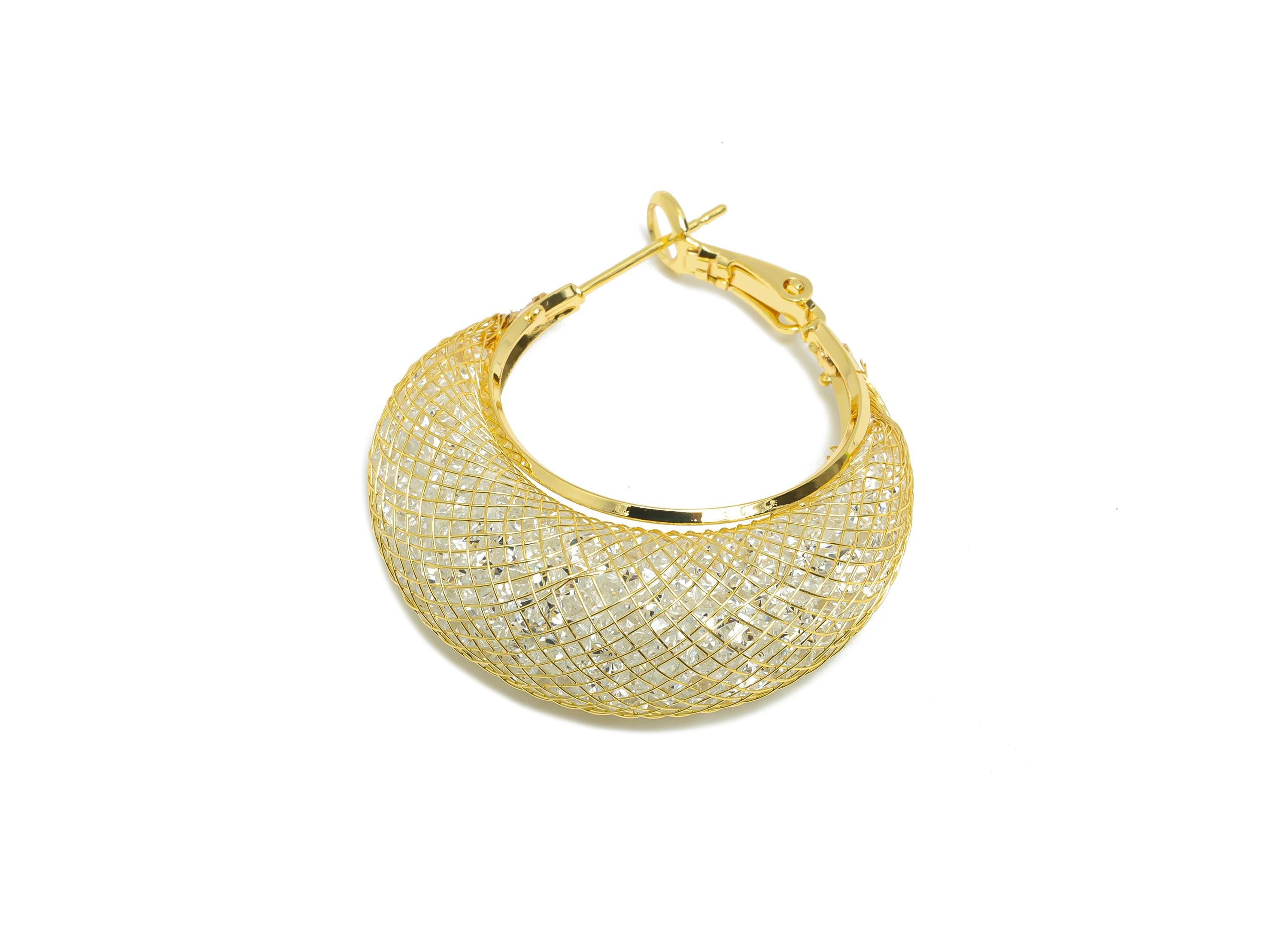 Basket Weave Hoop Earrings - Brass Woven Mesh Clasp Earrings - Zircon Push Back Earrings Post - 18K Real Gold Plated - 38x32x12mm - RGP9430 - DOMEDBAZAAR