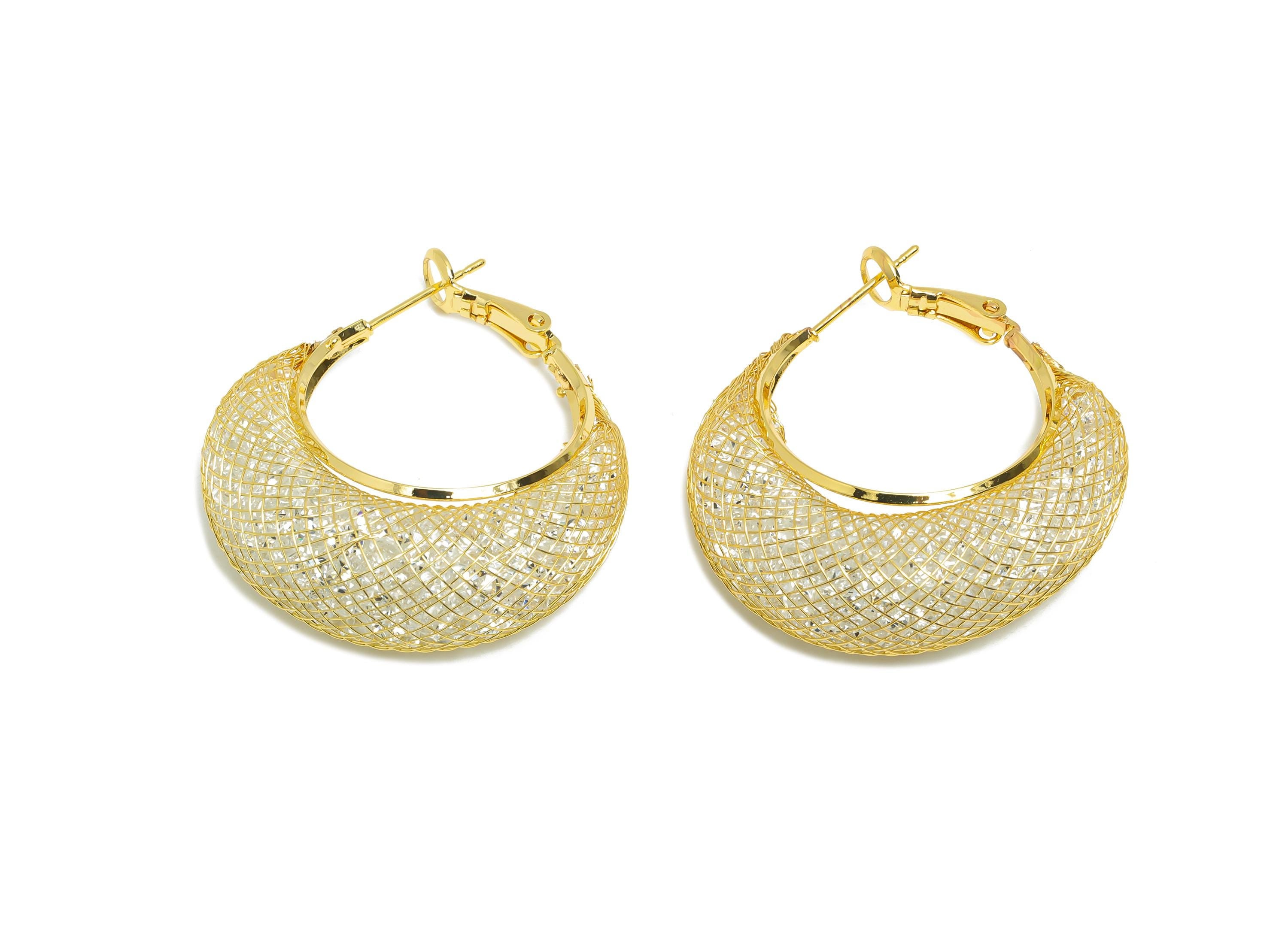 Basket Weave Hoop Earrings - Brass Woven Mesh Clasp Earrings - Zircon Push Back Earrings Post - 18K Real Gold Plated - 38x32x12mm - RGP9430 - DOMEDBAZAAR
