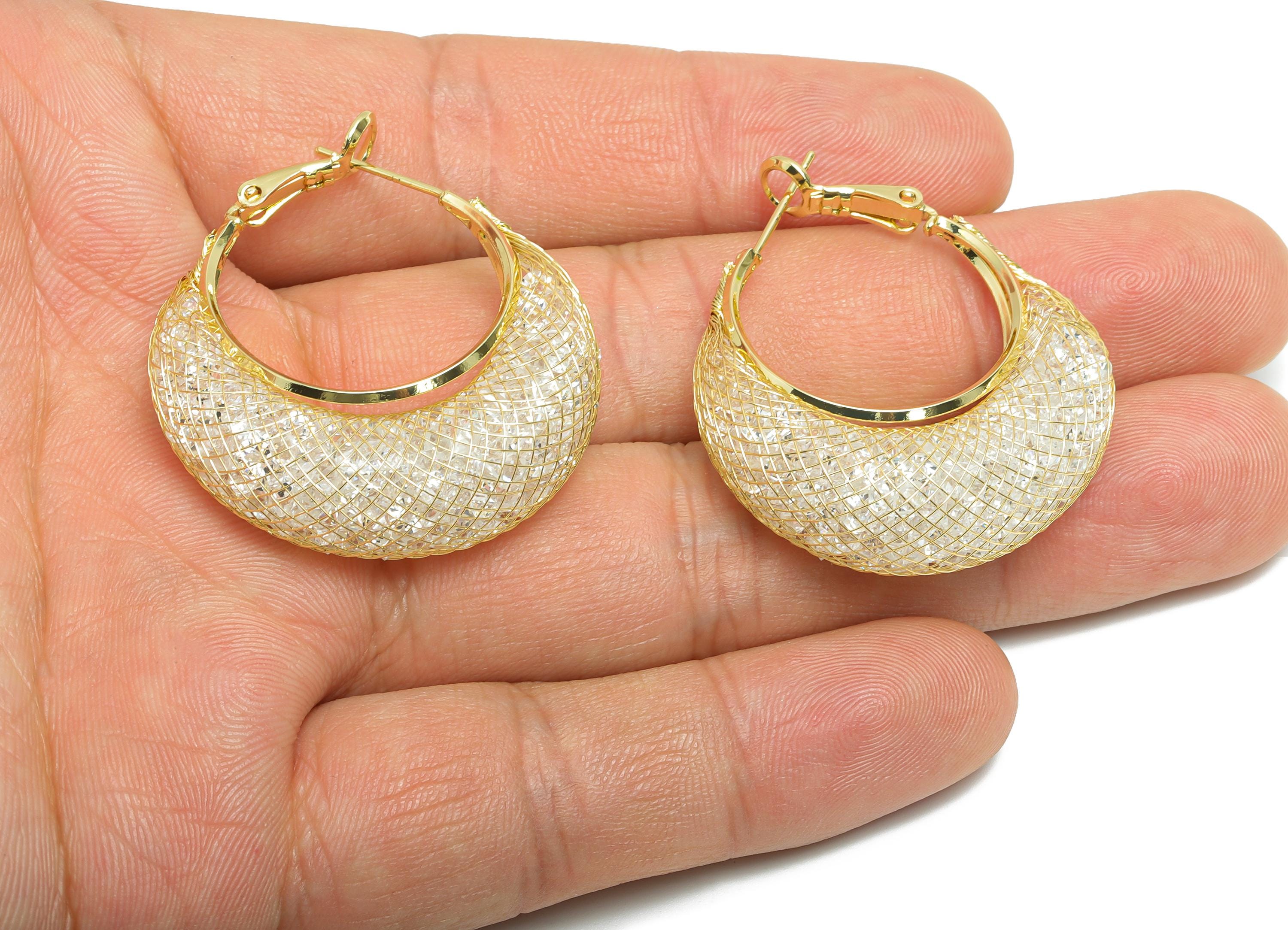 Basket Weave Hoop Earring - Brass Woven Mesh Clasp Earring - Zircon Push Back Earrings Post - 14K Real Gold Plated - 38x32x12mm - RGP9430-14 - DOMEDBAZAAR