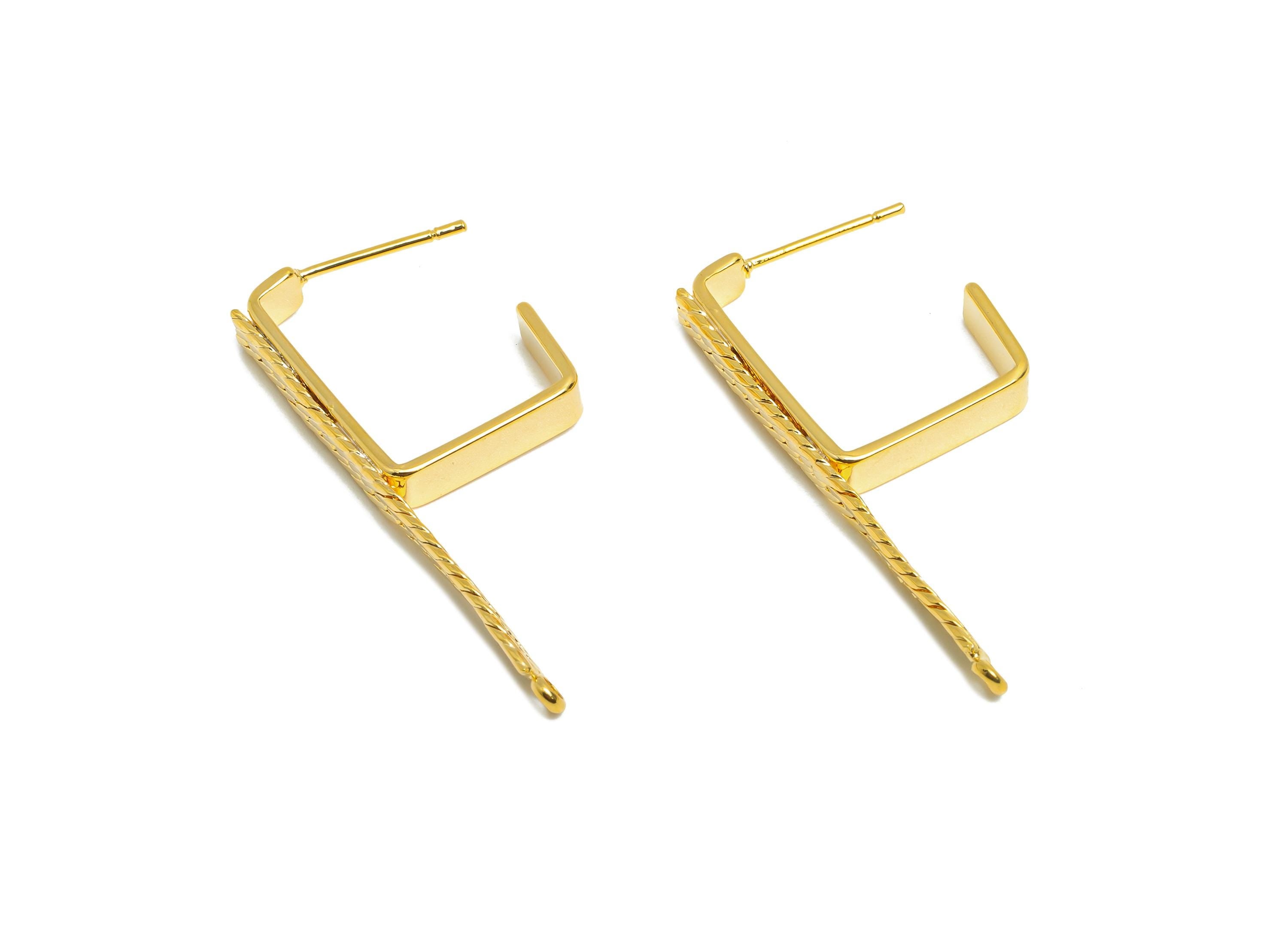 Brass Square Hoop Earring Connectors- Gold Textured Earring Post - Snake Chain Geometric Earring - 18K Real Gold-Plated -37x4x2mm - RGP9445