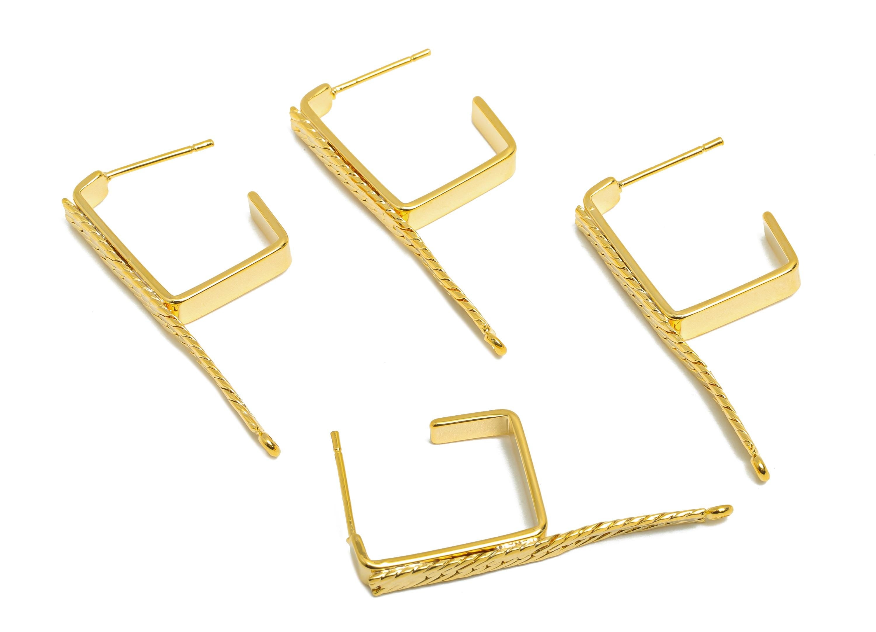Brass Square Hoop Earring Connectors- Gold Textured Earring Post - Snake Chain Geometric Earring - 18K Real Gold-Plated -37x4x2mm - RGP9445