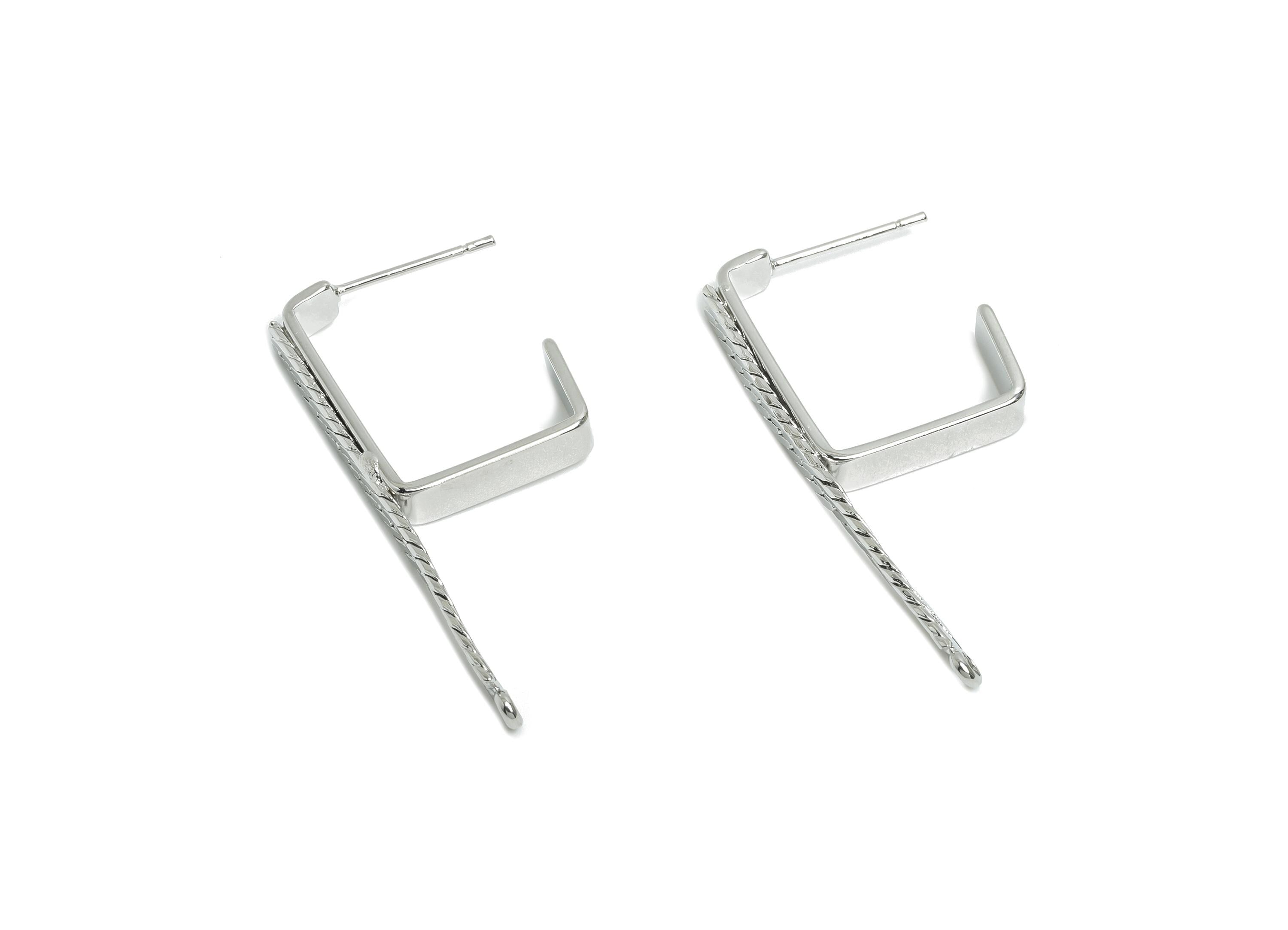 Brass Square Hoop Earring Connector- White Textured Earring Post - Snake Chain Geometric Earring - 18K White Gold-Plated -37x4x2mm -RGP9445S - DOMEDBAZAAR