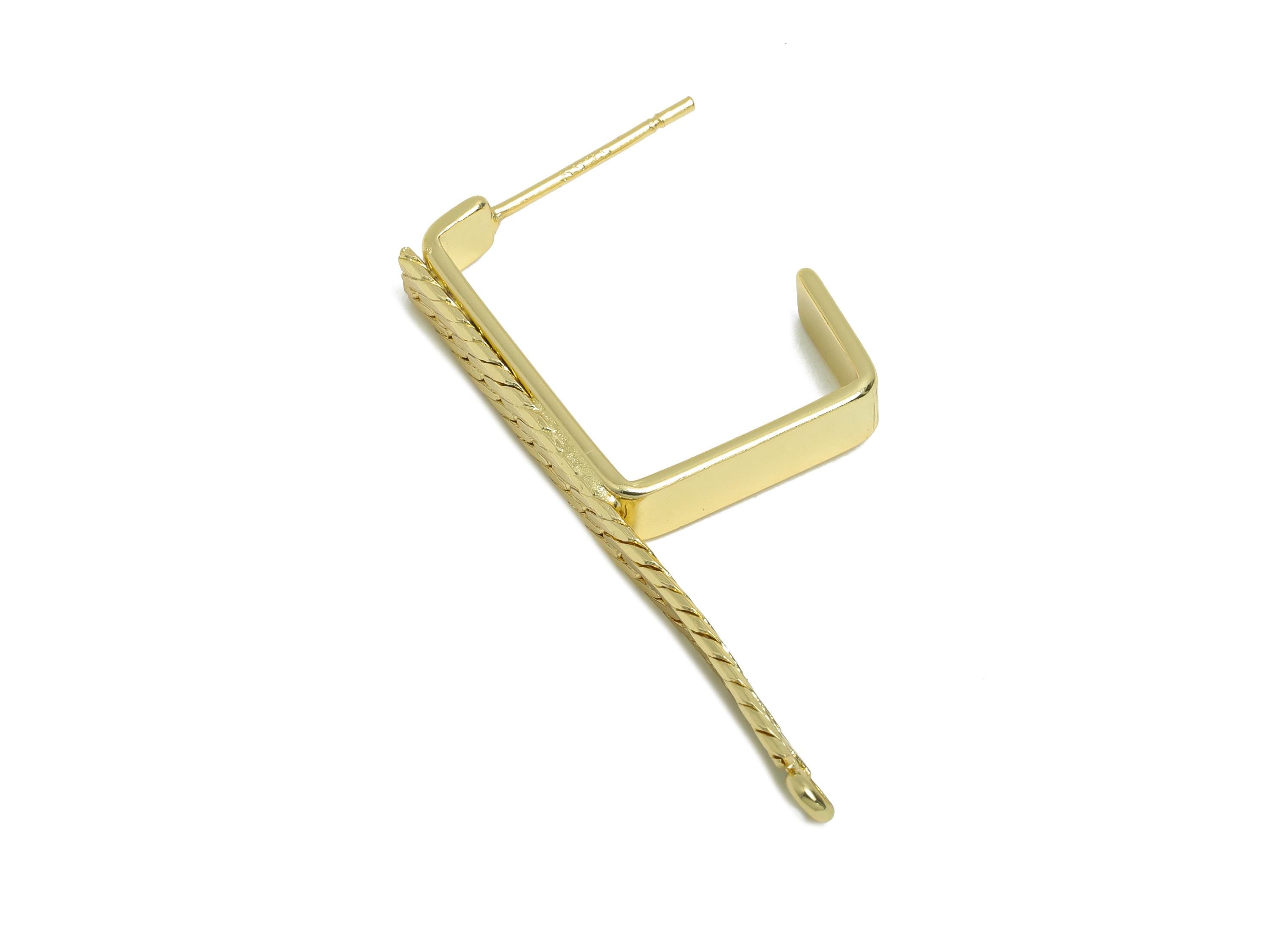 Brass Square Hoop Earring Connector- Gold Textured Earring Post - Snake Chain Geometric Earring - 14K Real Gold-Plated -37x4x2mm -RGP9445-14 - DOMEDBAZAAR