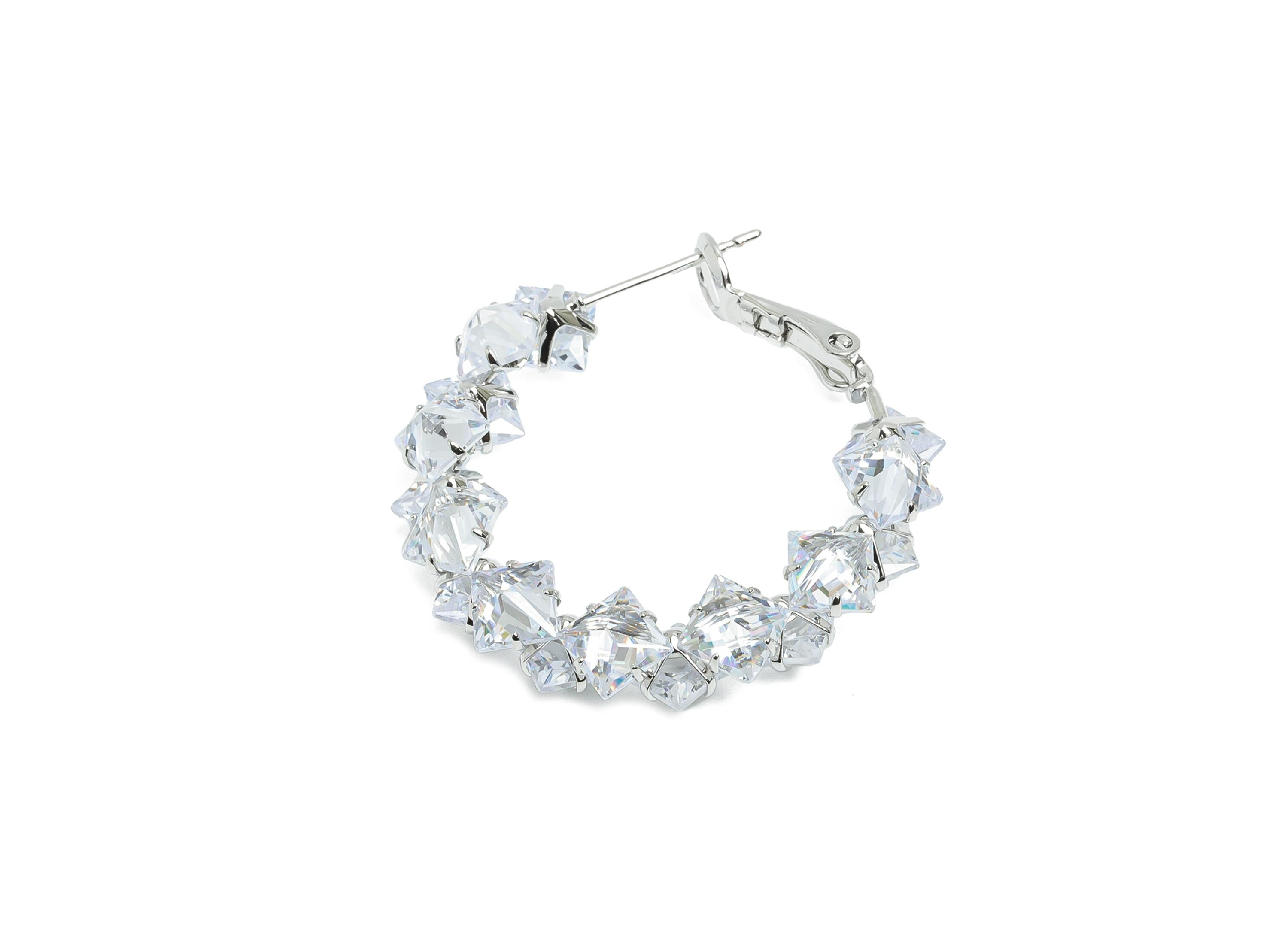 Brass Round Hoop Earring - Zircon Hoop Clasp Earring - White Zircon Push Back Earring Post - 18K Real White Gold Plated -34x31x4mm -RGP9428S - DOMEDBAZAAR