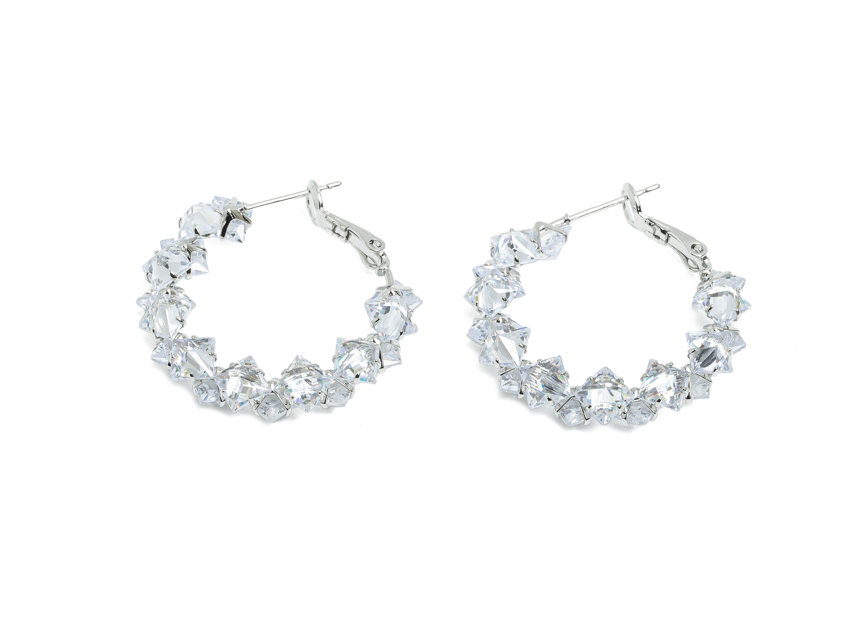 Brass Round Hoop Earring - Zircon Hoop Clasp Earring - White Zircon Push Back Earring Post - 18K Real White Gold Plated -34x31x4mm -RGP9428S - DOMEDBAZAAR